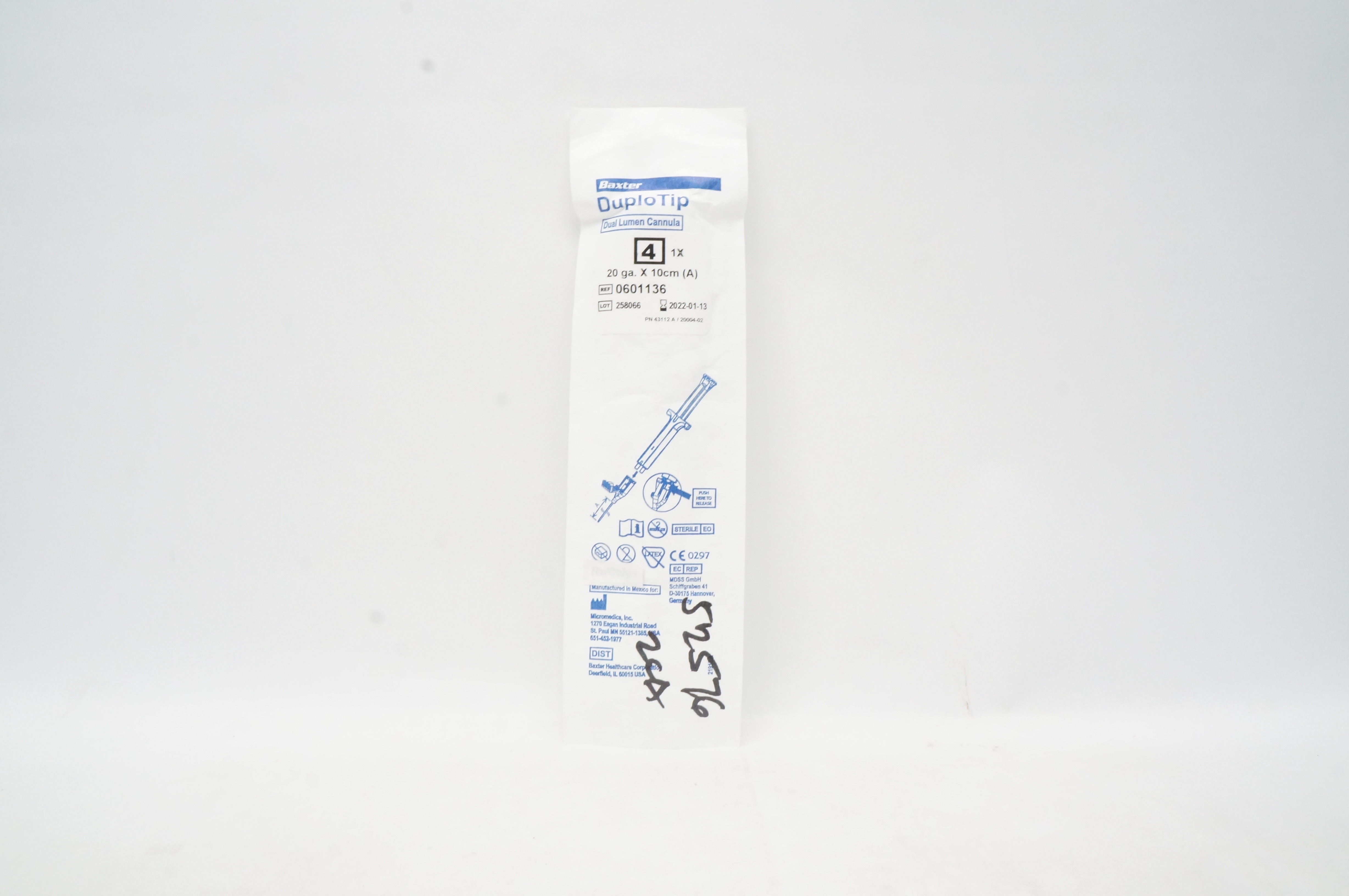 Baxter 0601136 DuploTip Dual Lumen Cannula 20 ga. x 10cm