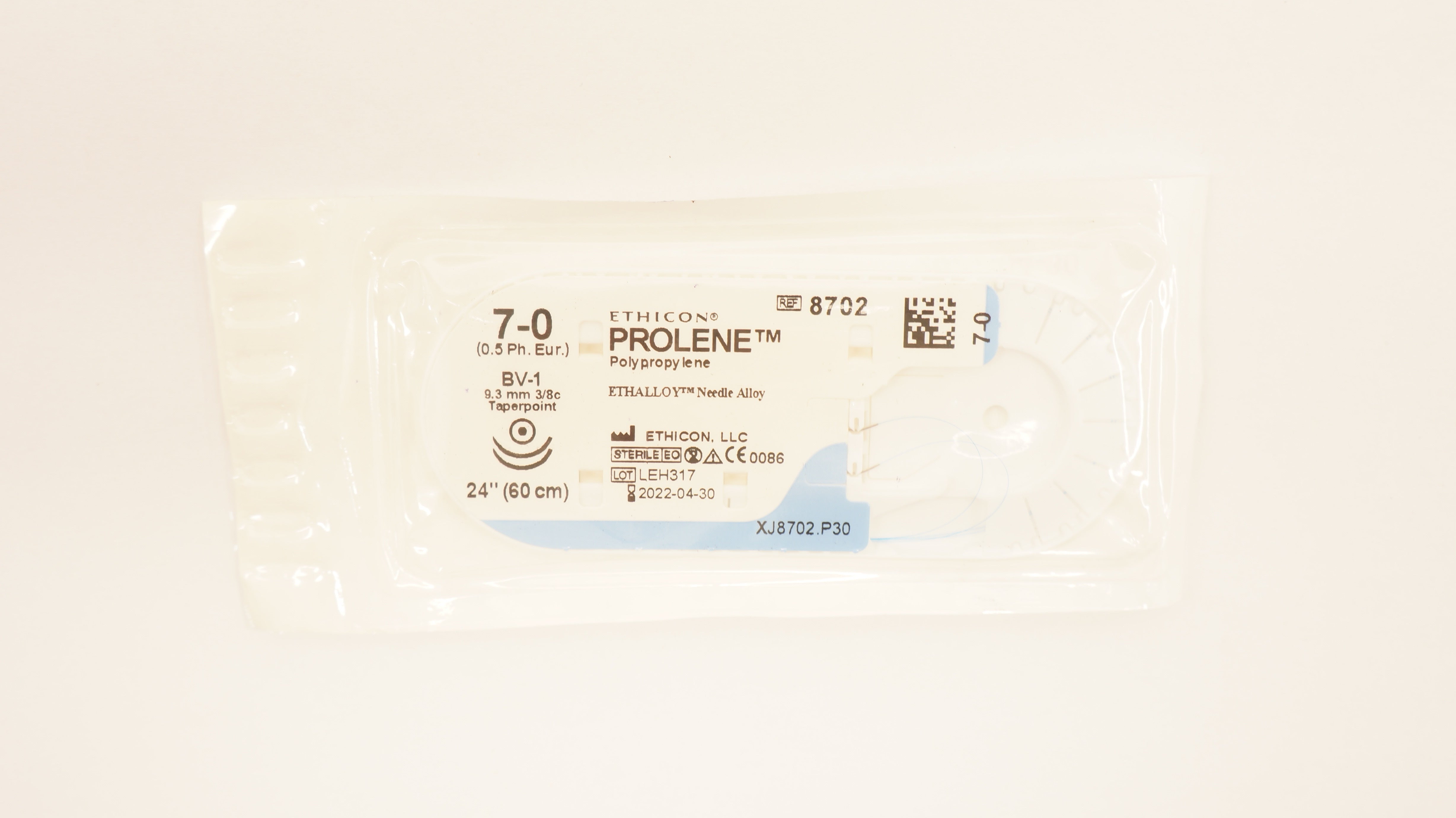 Ethicon 8702 7-0 Prolene  Polypropylene Stre BV-1 9.3mm 3/8c Taperpoint, 24inch