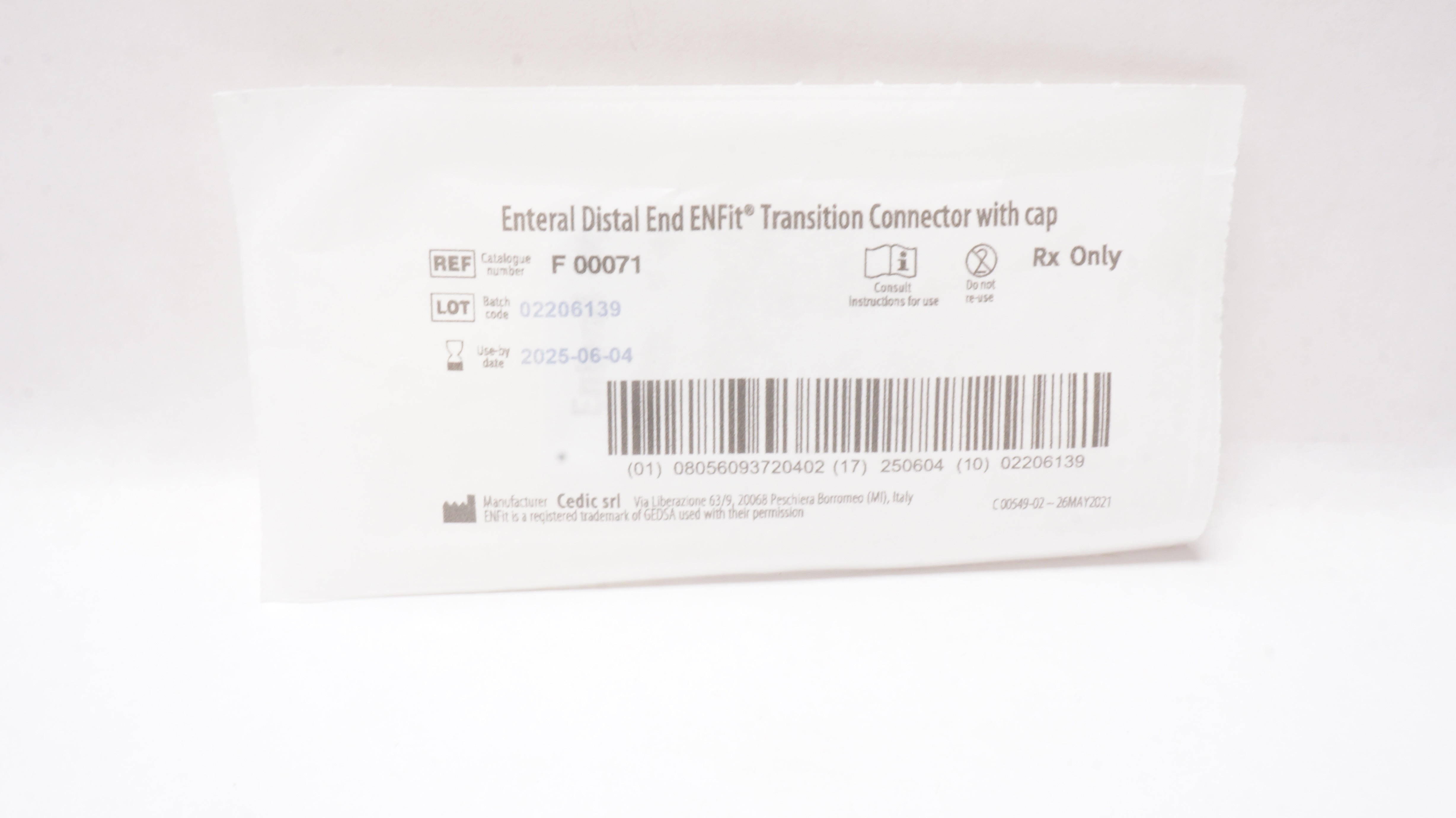 Cedic SRL F00071 Enteral Distal ENFit Transition Connector with Cap