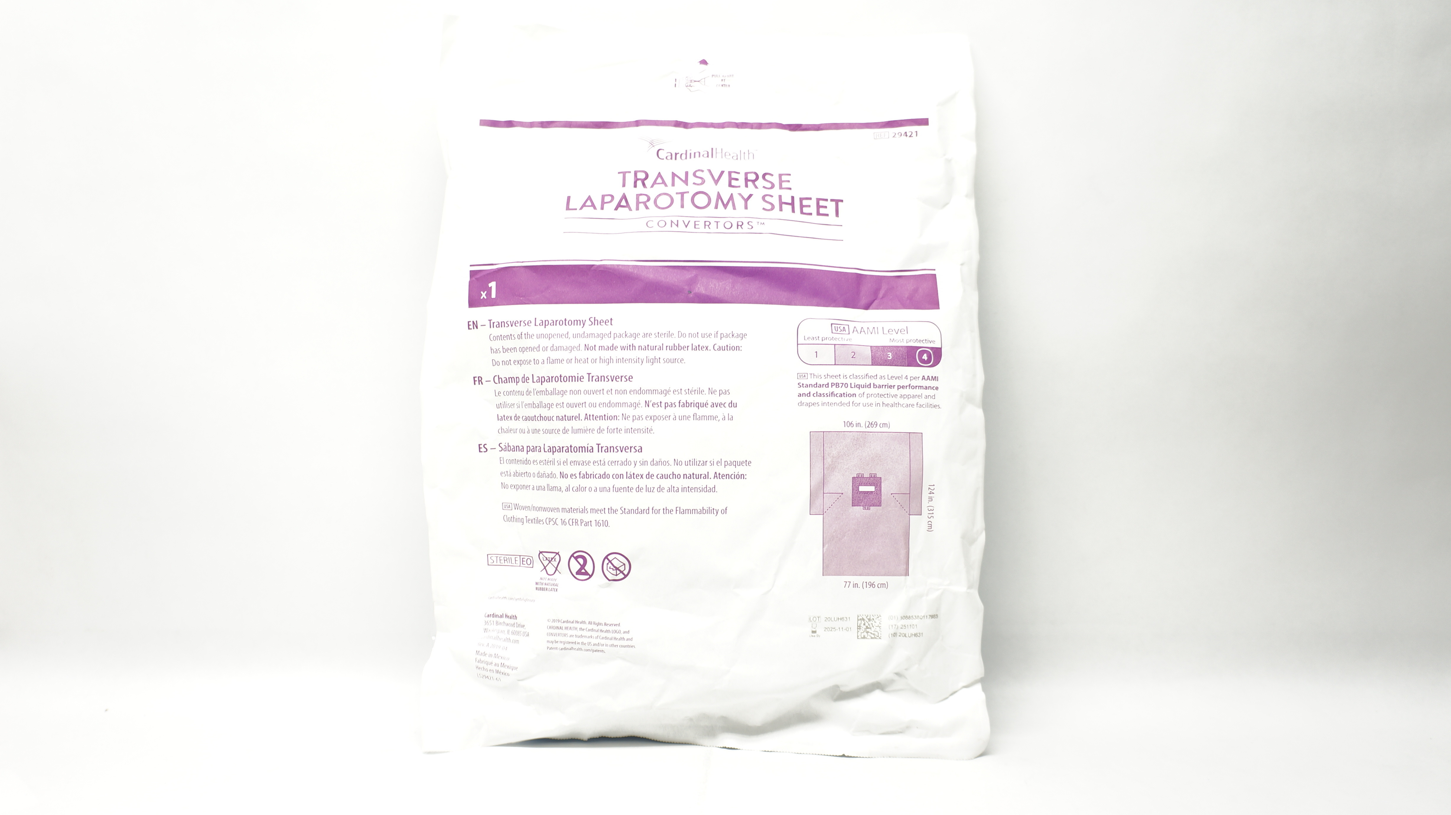 Cardinal Health 29421 Convertors Transverse Laparotomy Sheet 106in.x124in.x77in.