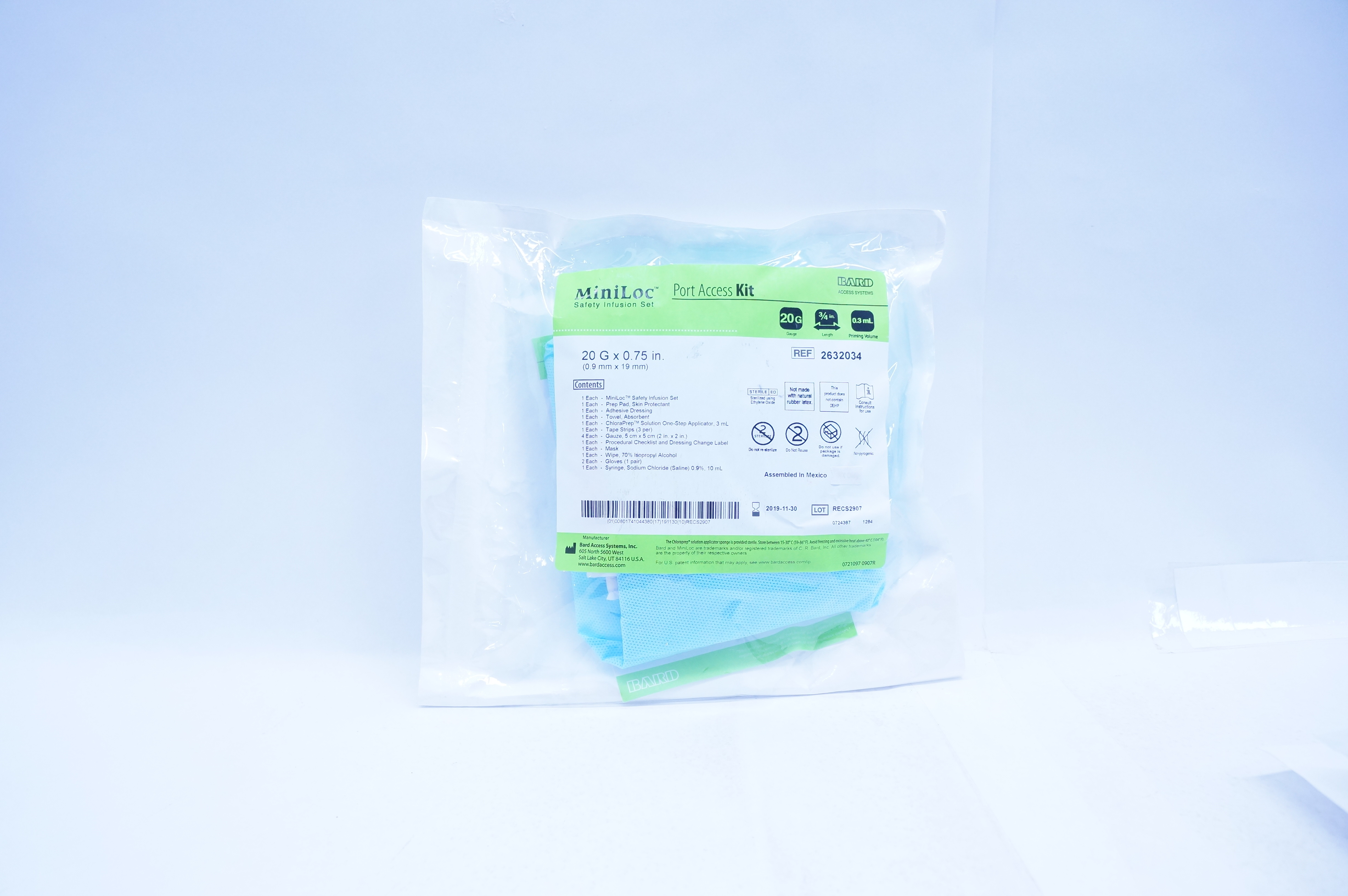 Bard 2632034 MiniLoc Safety Infusion Set Port Access Kit 20G x 3/4 inch, 0.3mL (x)