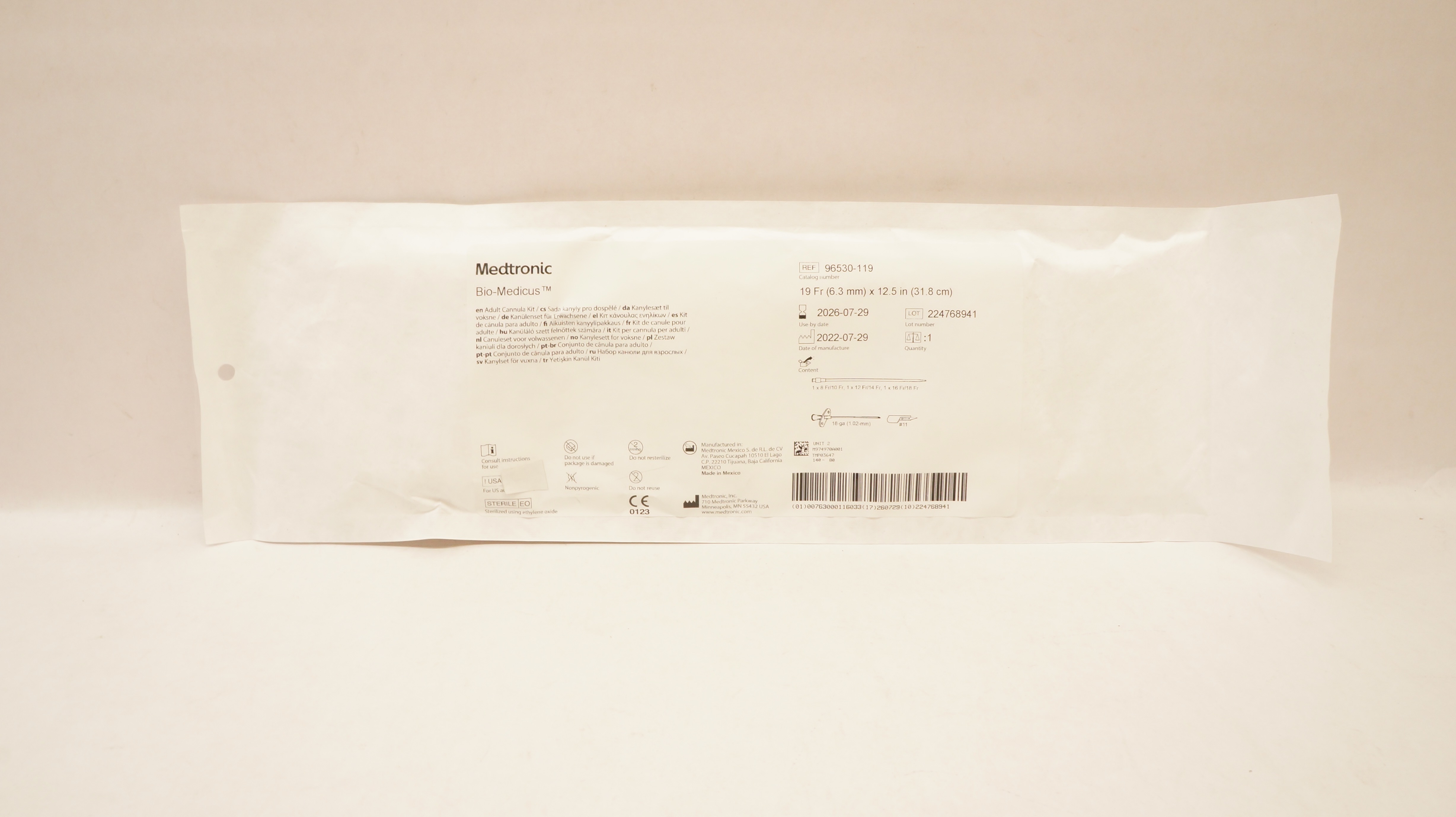 Medtronic 96530-119 Bio-Medicus Adult Cannula Kit 19Fr x 12.5inch