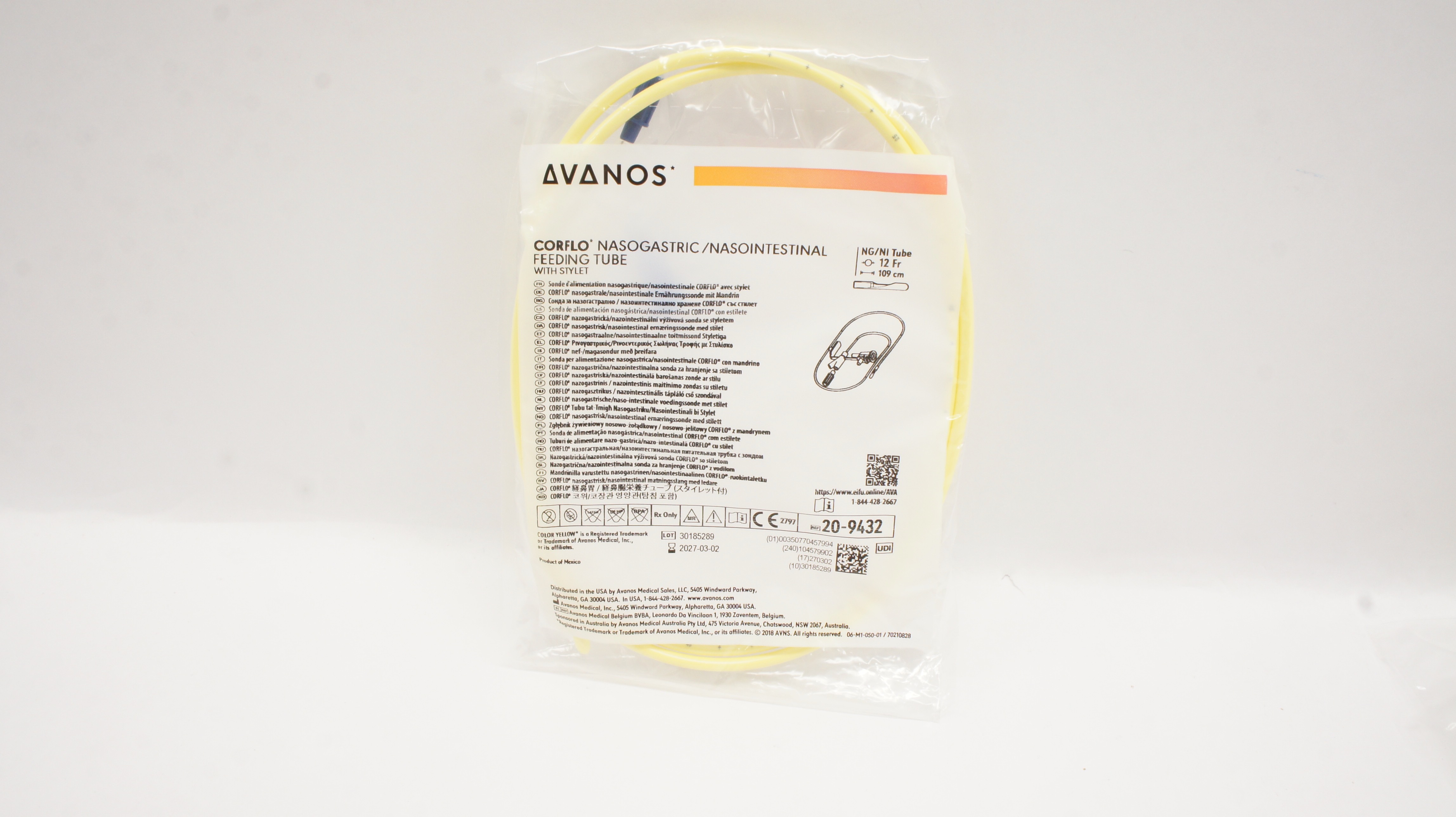 Avanos 20-9432 Corflo Nasogastric /Nasointenstinal Feeding Tube W/Stylet 12Fr