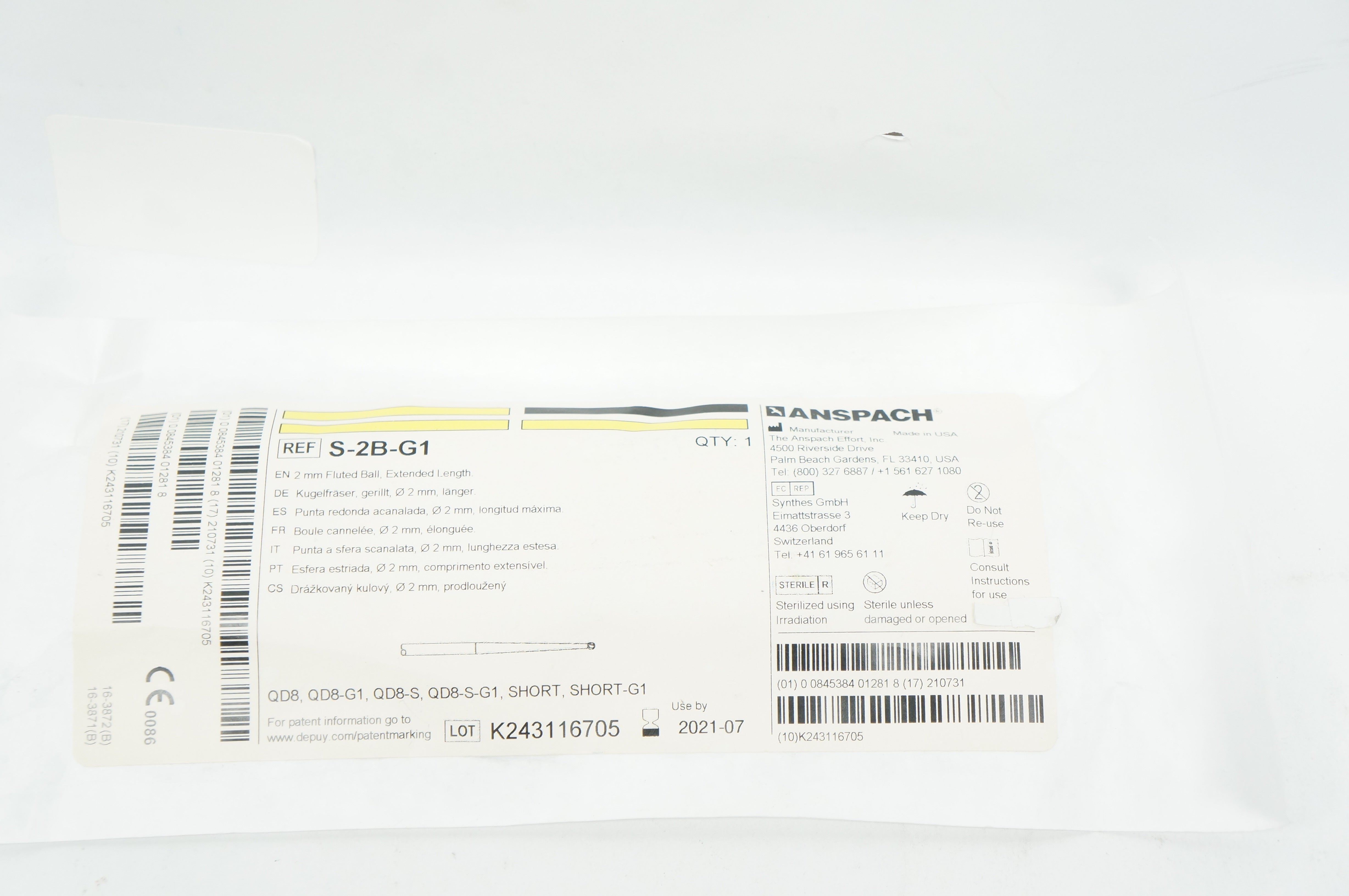 Anspach S-2B-G1 QTY:1, 2mm Fluted Ball, Extended Length