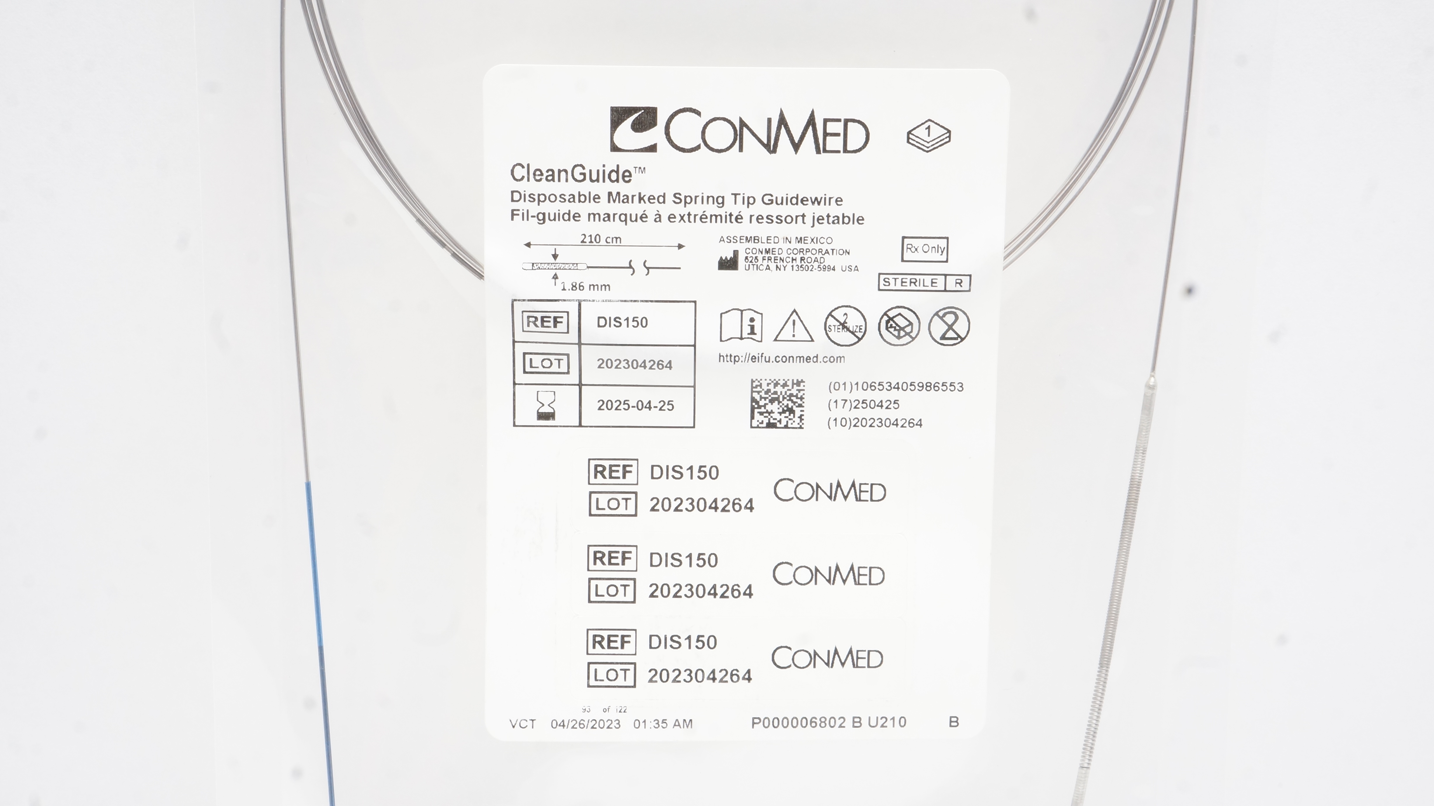 ConMed DIS150 CleanGuide Disposable Arked Spring Tip Guidewire 210cm x 1.86mm