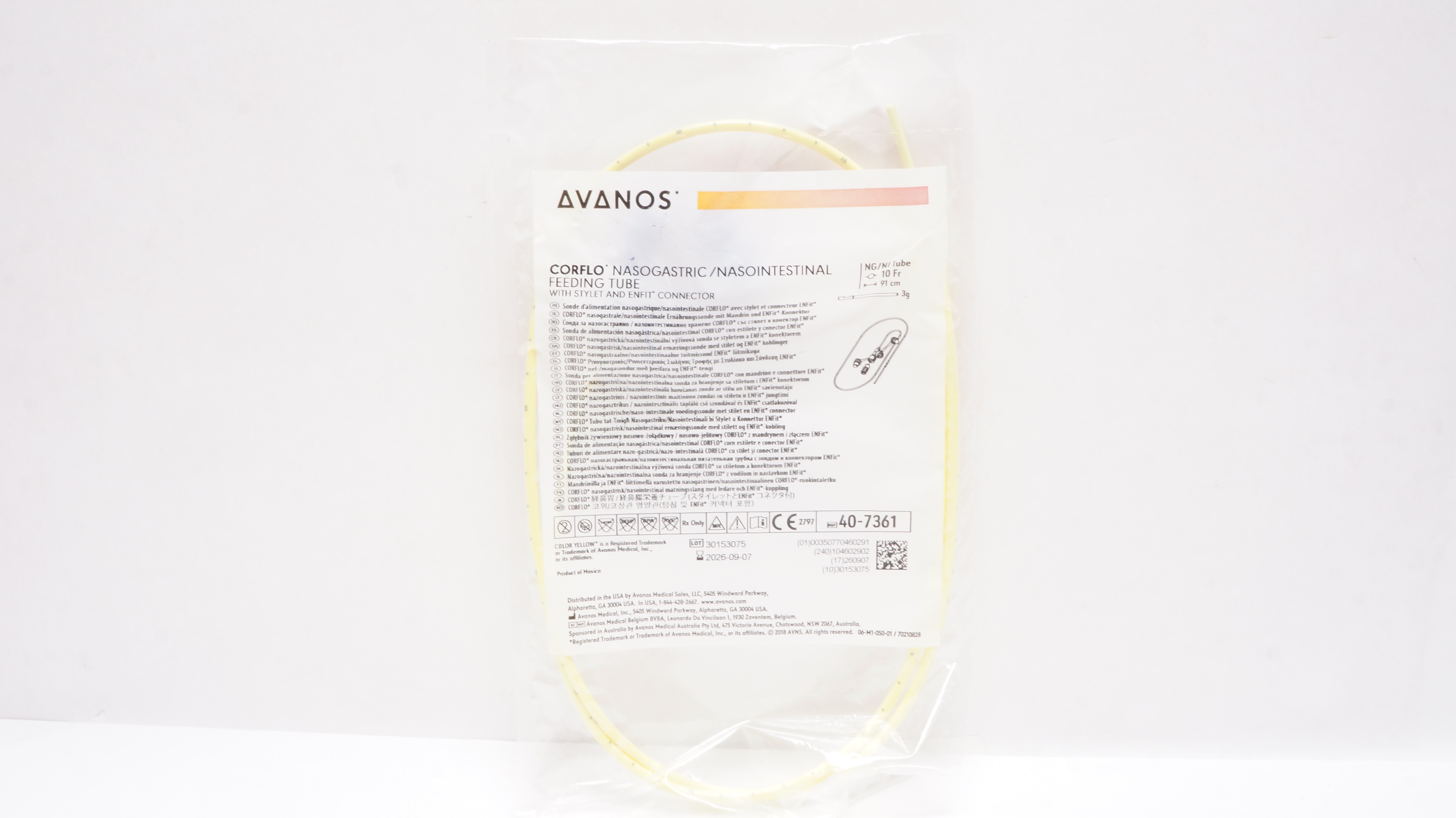 Avanos 40-7361 Corflo Nasogastric/ Nasointestinal Feeding Tube 10Fr x 91cm