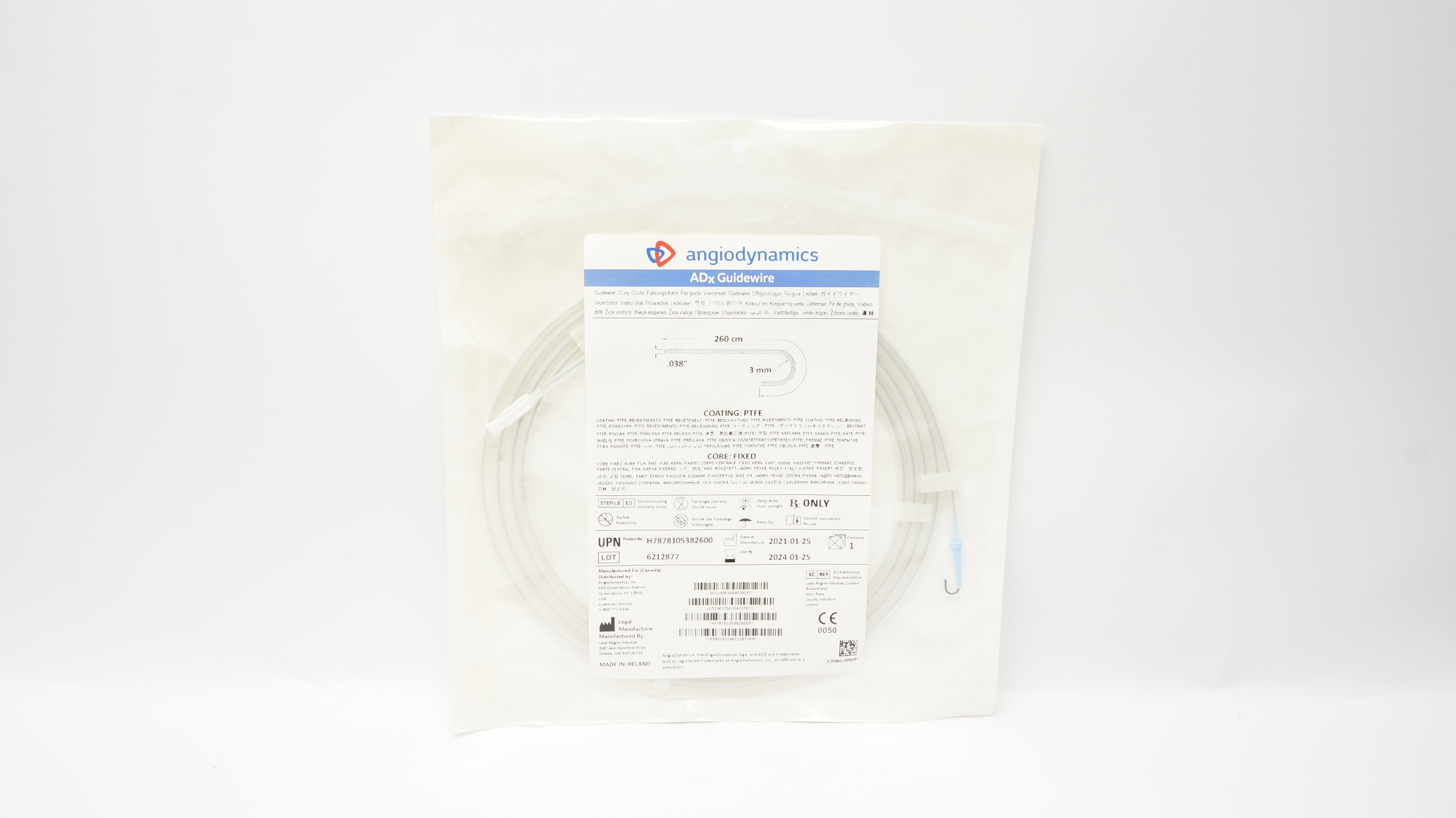 Angiodynamics H7878105382600 ADx Guidewire 260cm x 3mm x.038inch (x)