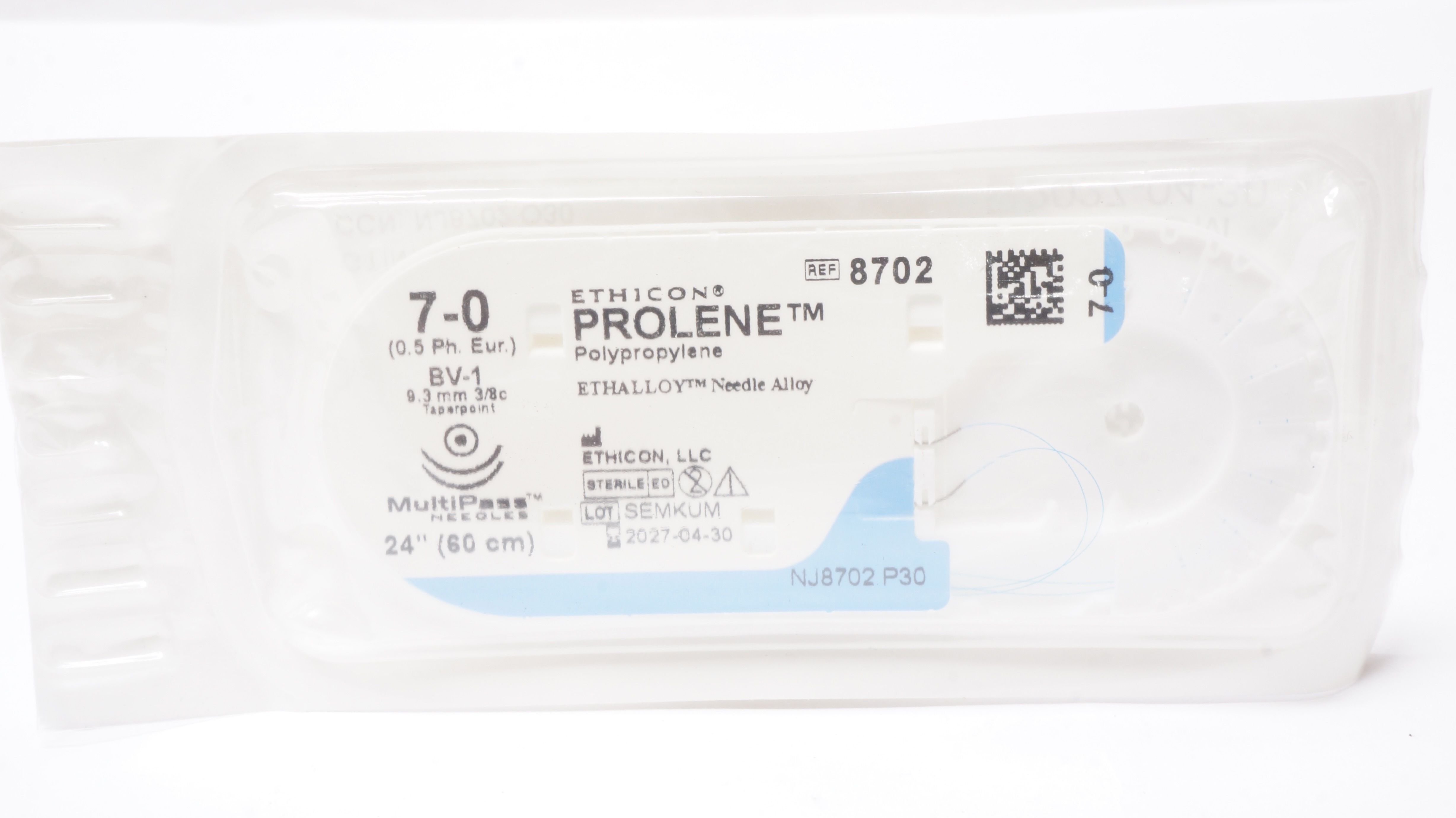 Ethicon 8702 7-0 PROLENE, BV-1, 9.3mm 3/8c Taperpoint, 24inch