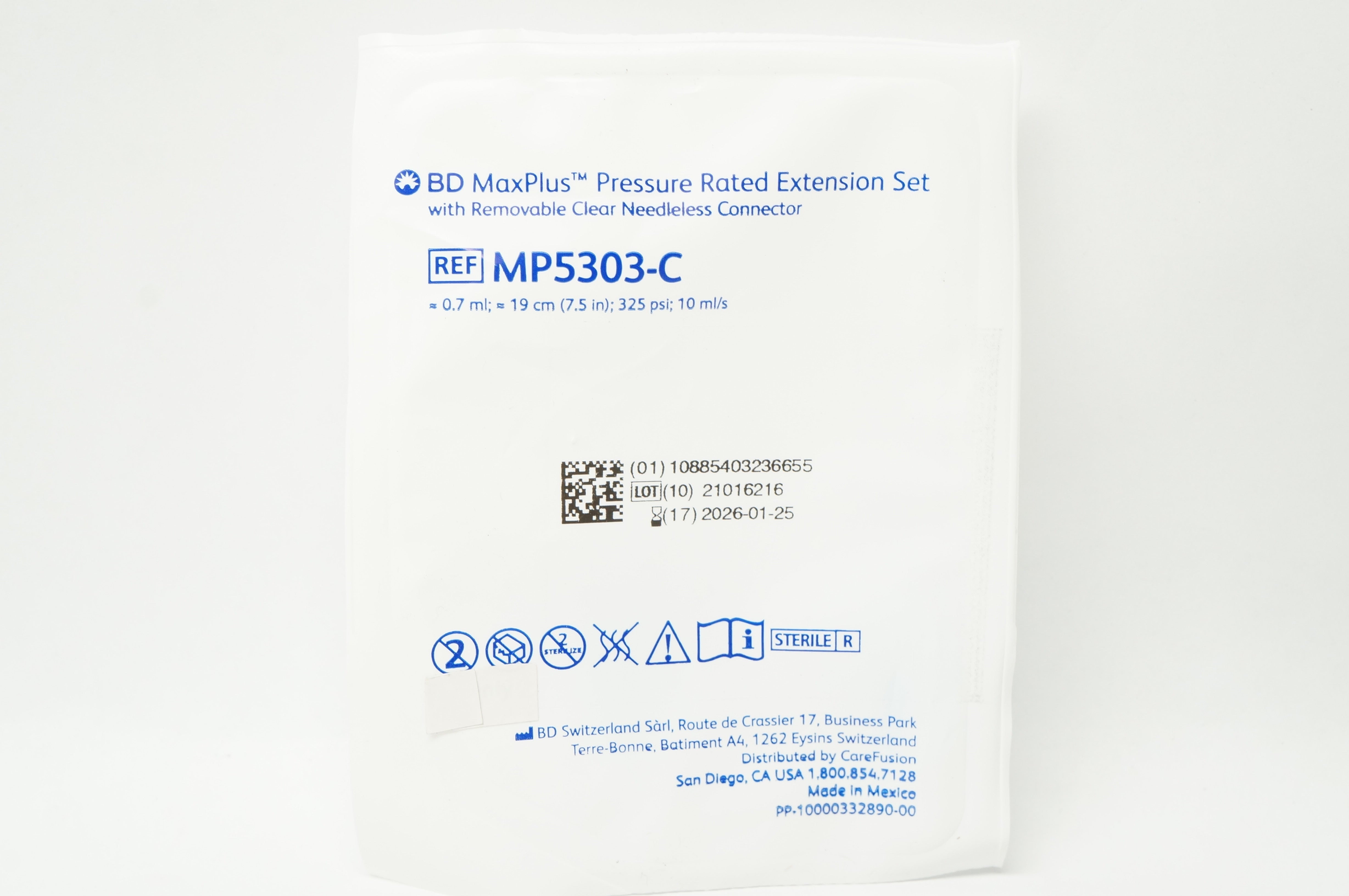 BD MP5303-C MaxPlus Pressure Rated Extension Set 0.7ml, 7.5inch, 325psi, 10ml/s