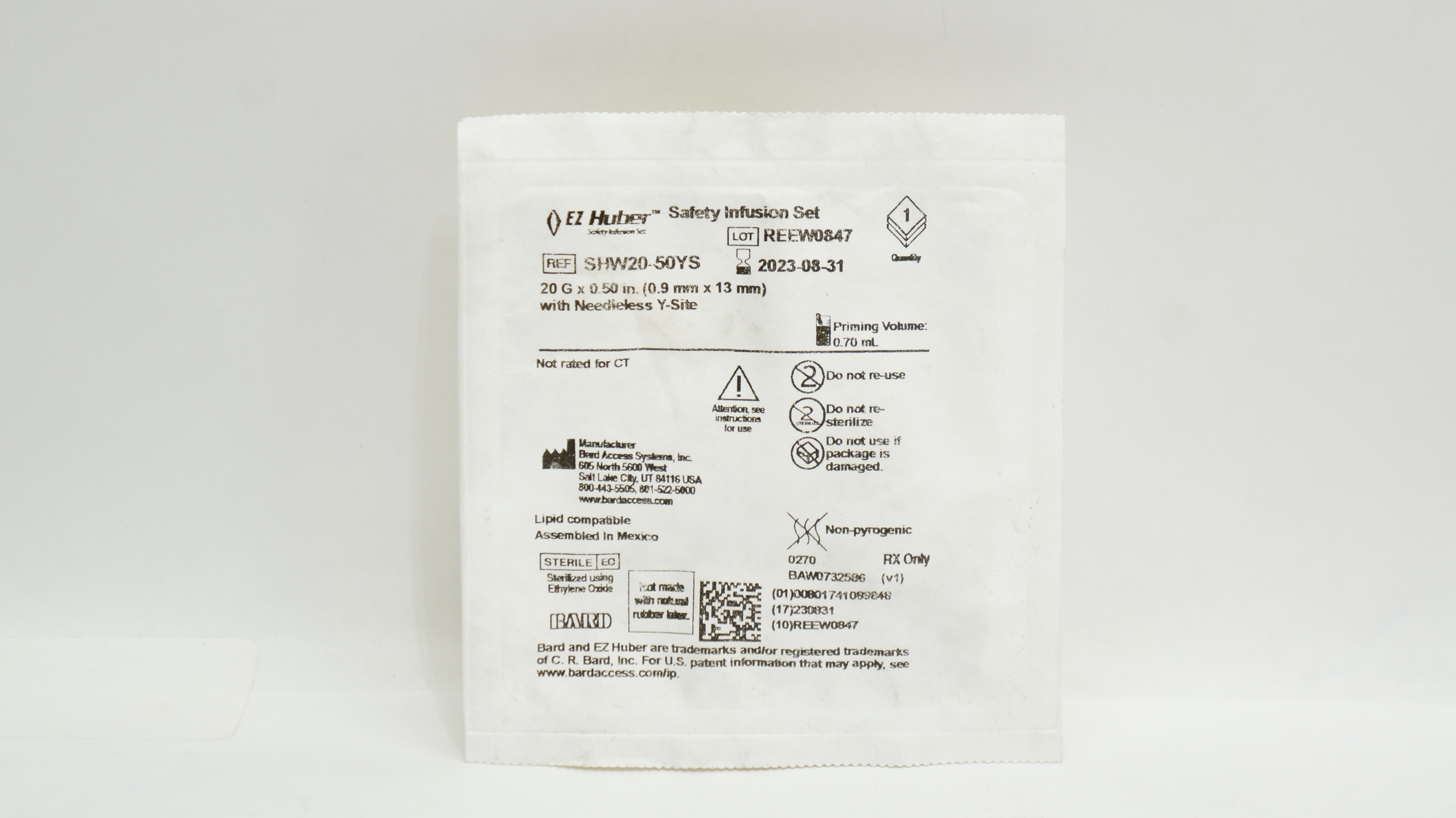 Bard SHW20-50YS EZ Huber Safety Infusion Set 20G x 0.50inch