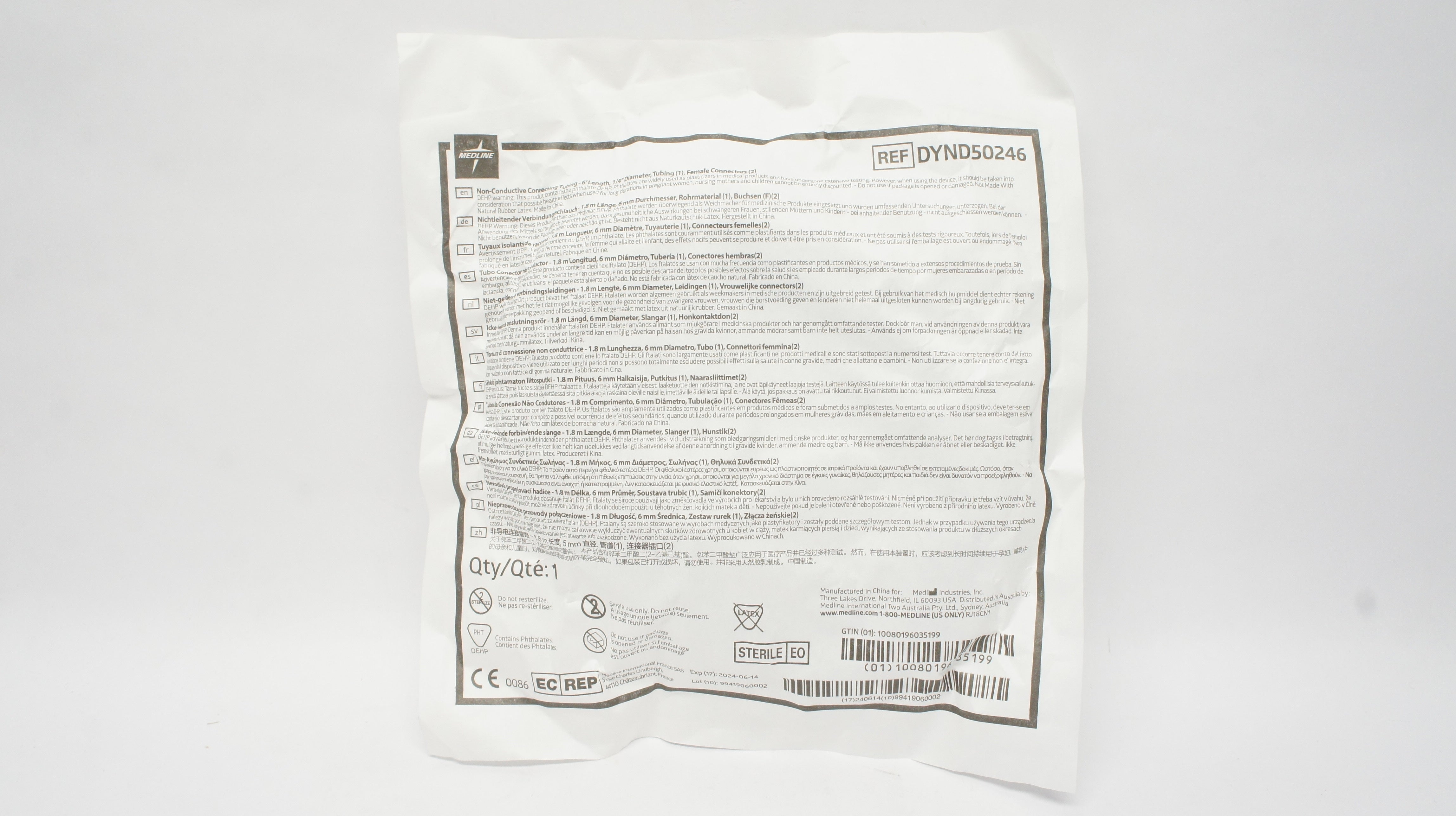 Medline DYND50246 Non-Conductive Connecting Tubing 6F x 1/4inch