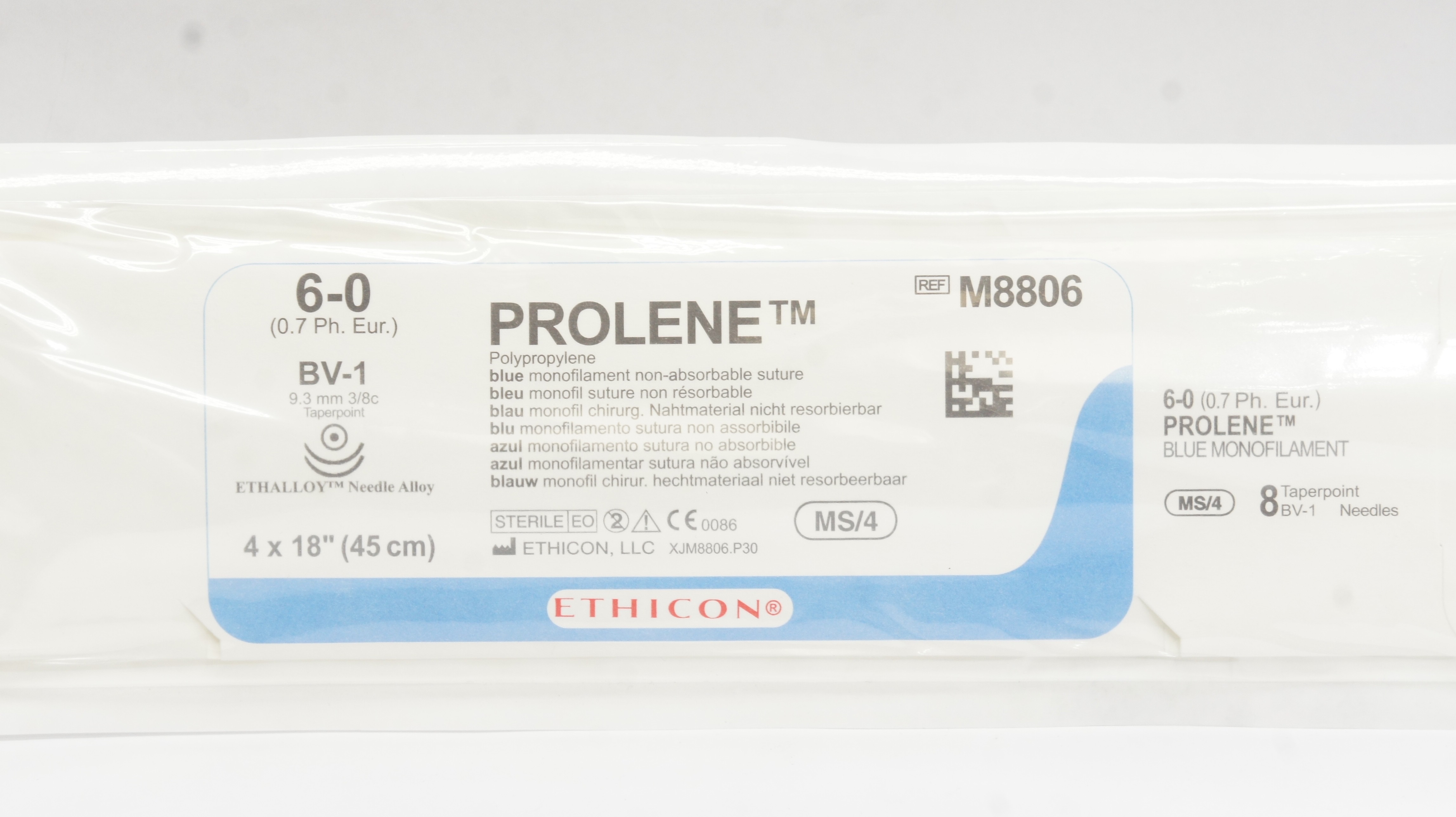 Ethicon M8806 6-0 Prolene Stre BV-1 9.3mm 3/8c Taperpoint, 4 x 18inch