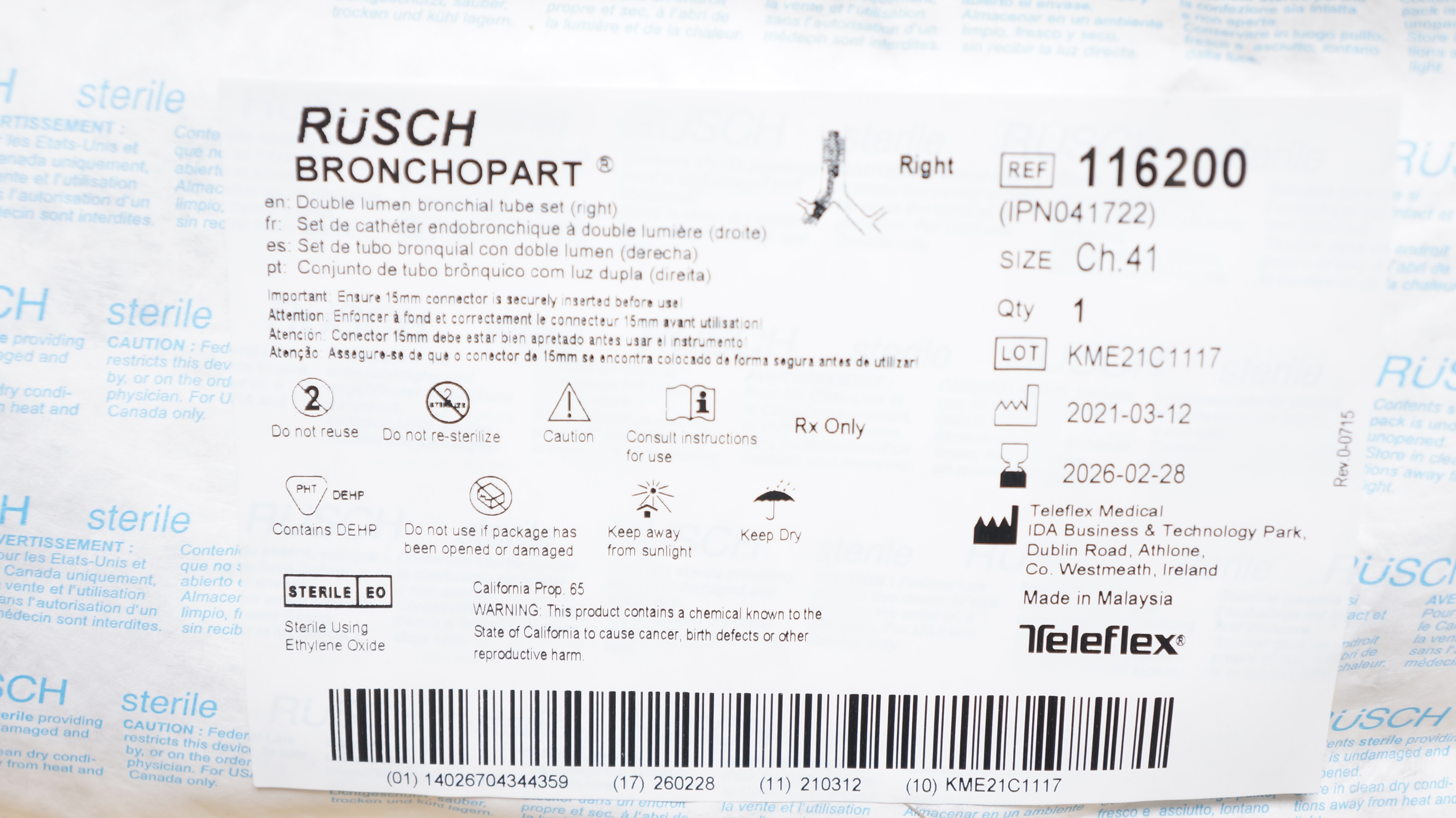 Teleflex 116200 Rusch Bronchopart Double Lumen Bronchial Tube Set 41Ch