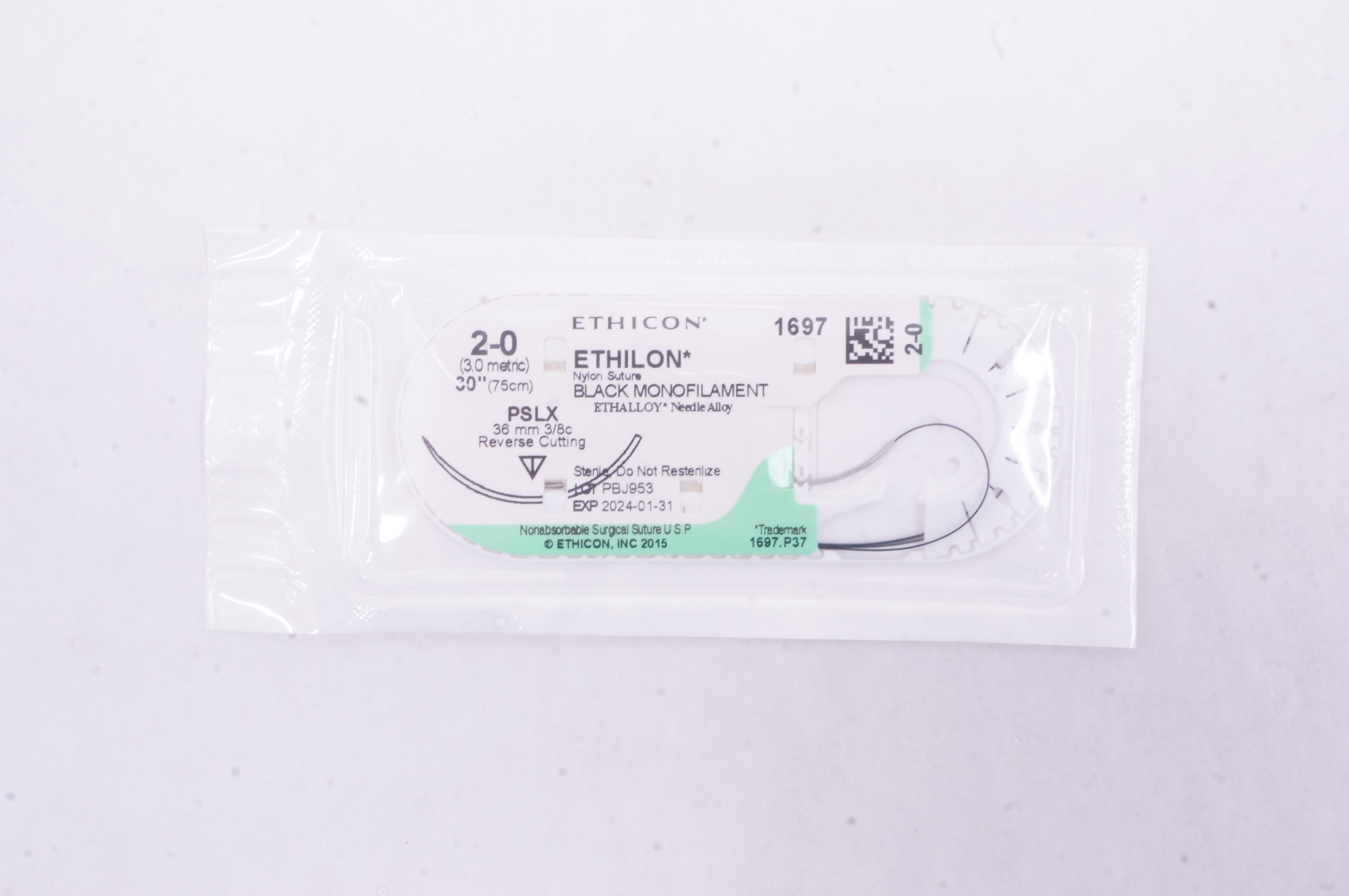 Ethicon 1697 2-0 ETHILON, PSLX, 36mm 3/8c Reverse Cutting, 30inch