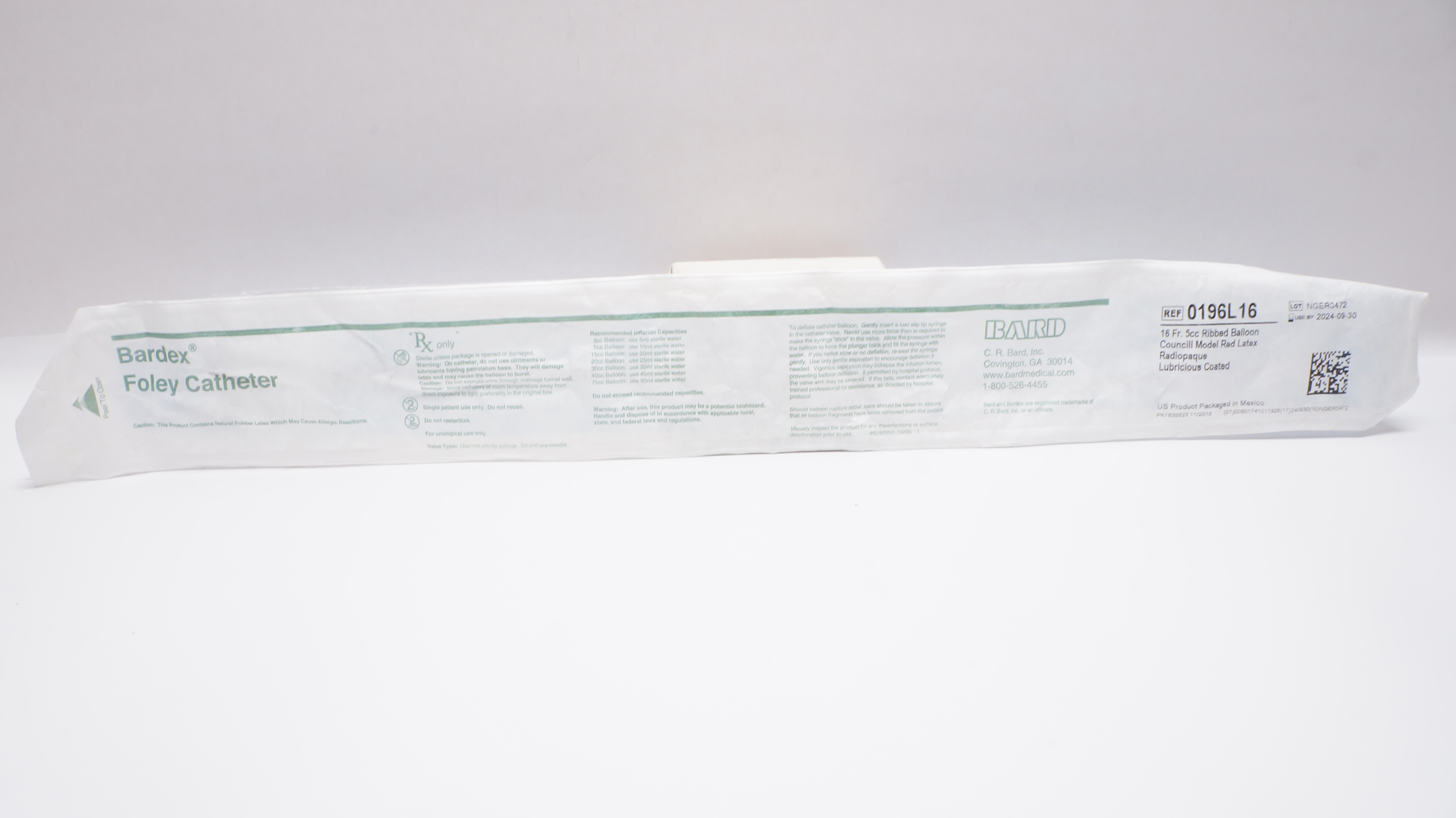 Bard 0196L16 Bardex Foley Cath. 16Fr 5cc Ribbed Balloon