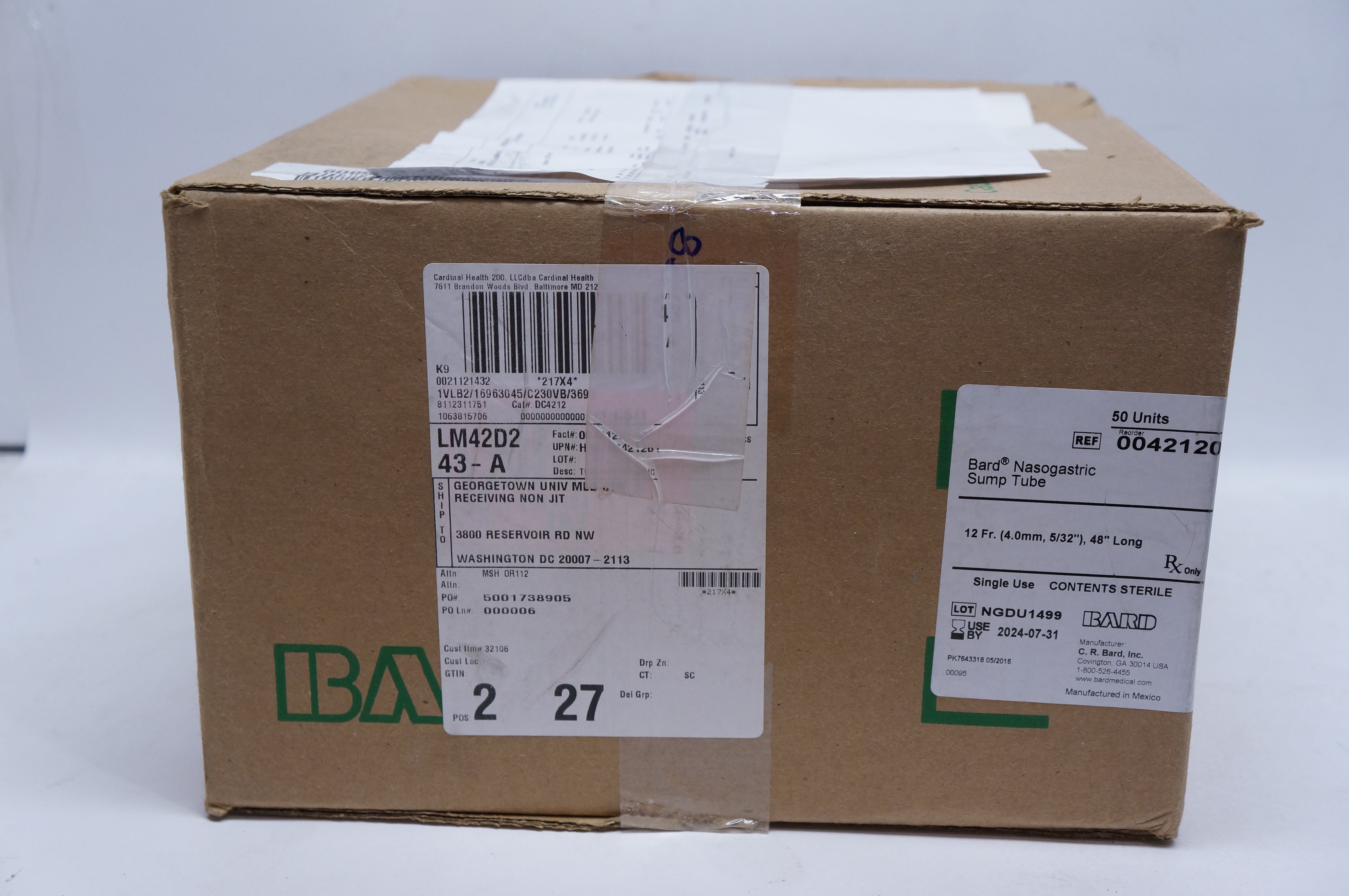 Bard 0042120 Nasogastric Sump Tube 12Fr. x 48inch Long - Box of 50