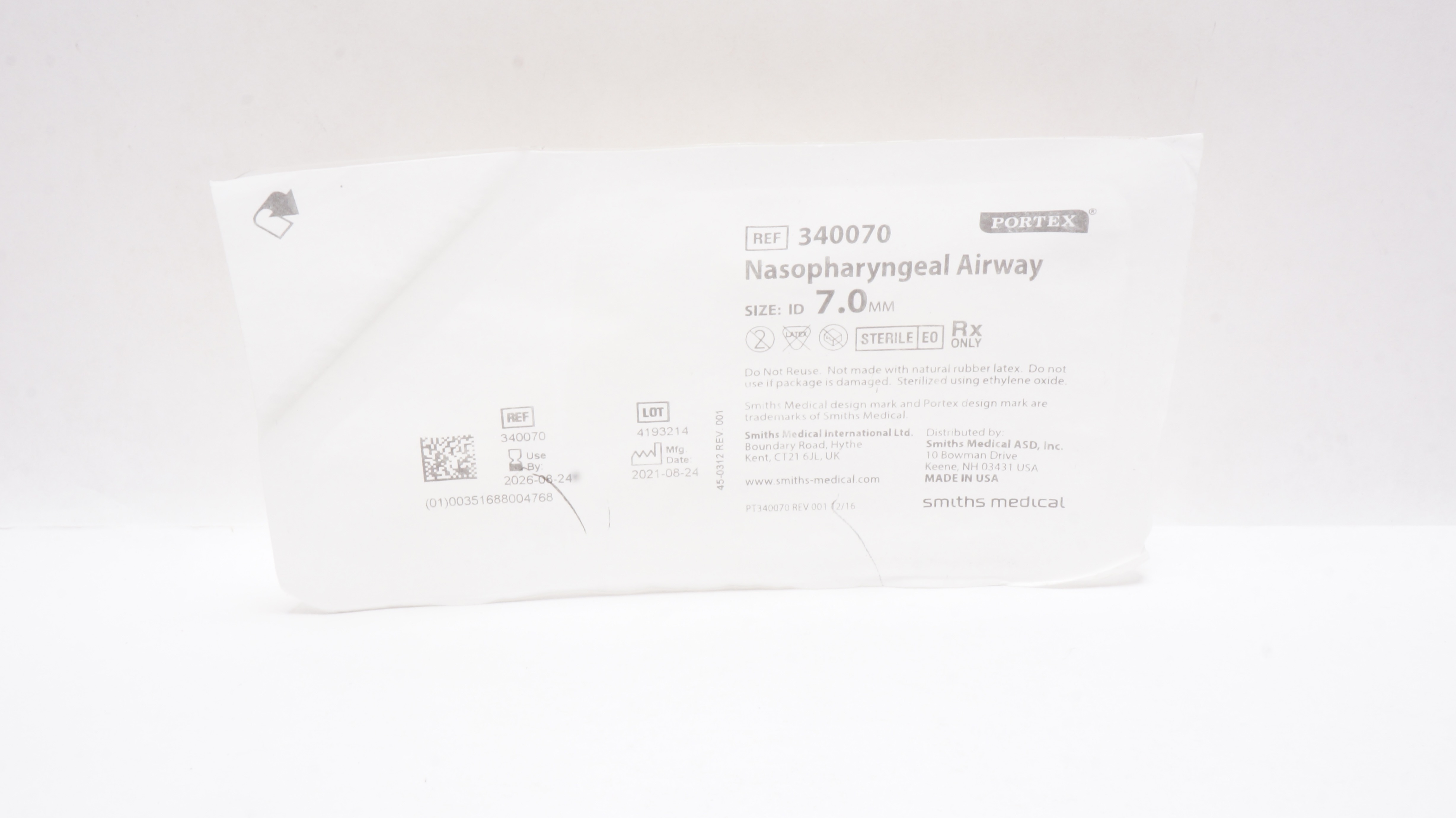 Smiths Medical 340070 Nasopharyngeal Airway Size 7.0mm I.D.