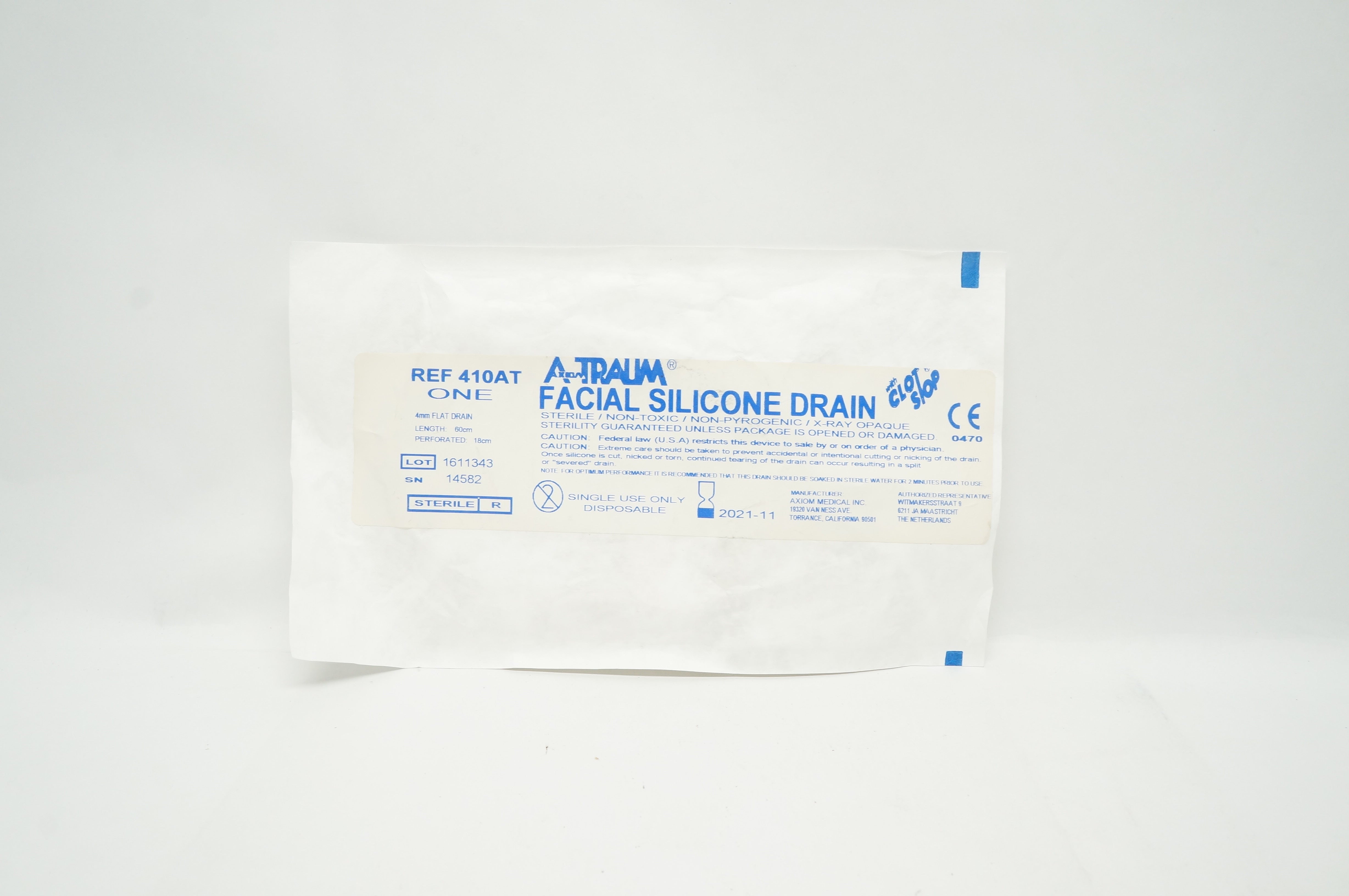 Axiom Medical 410AT Traum Facial Silicone Drain w/ClotStop 4mm x 60cm x 18cm