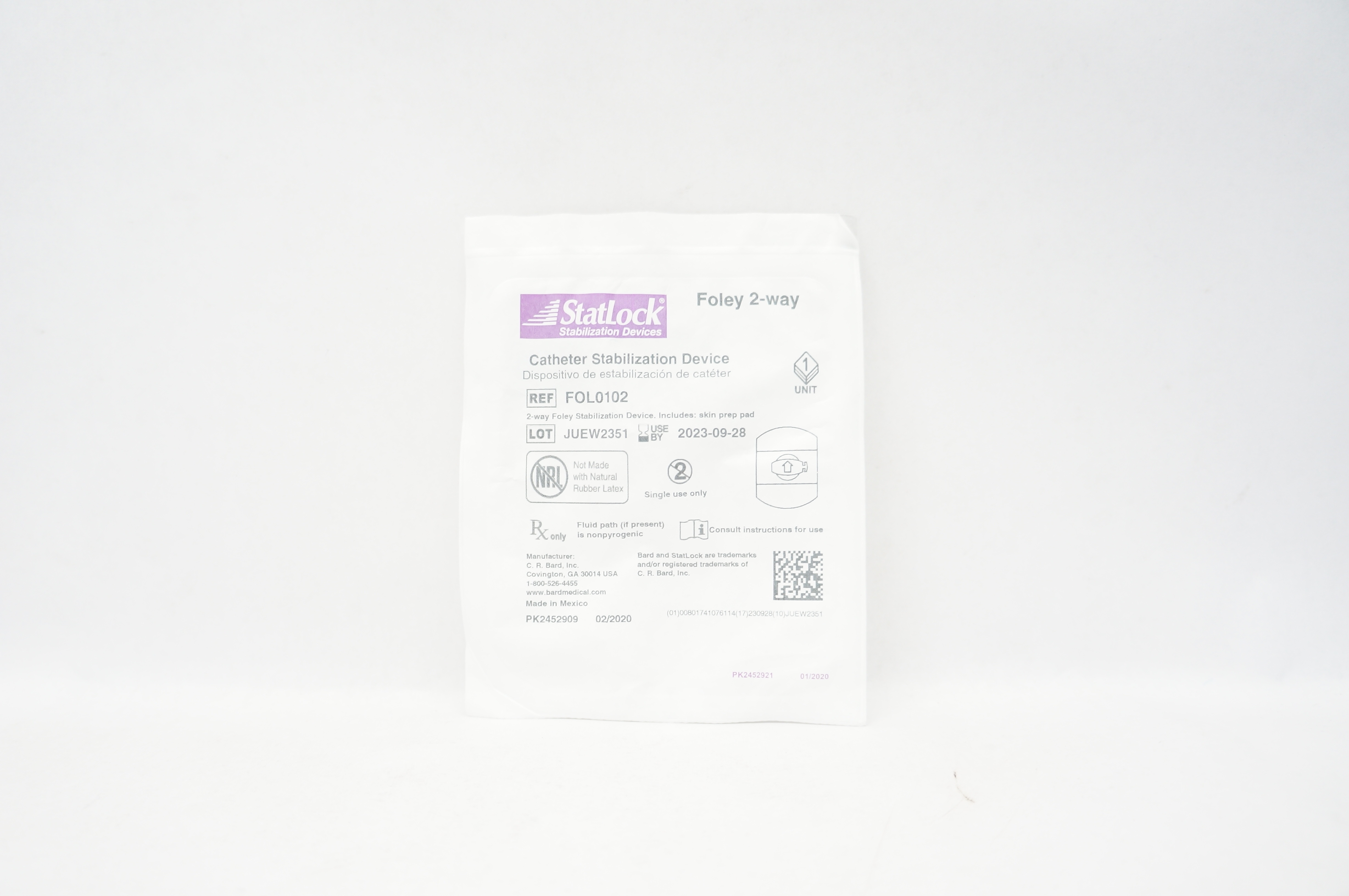 Bard FOL0102 StatLock Cath. Stabilization Device Foley 2-way