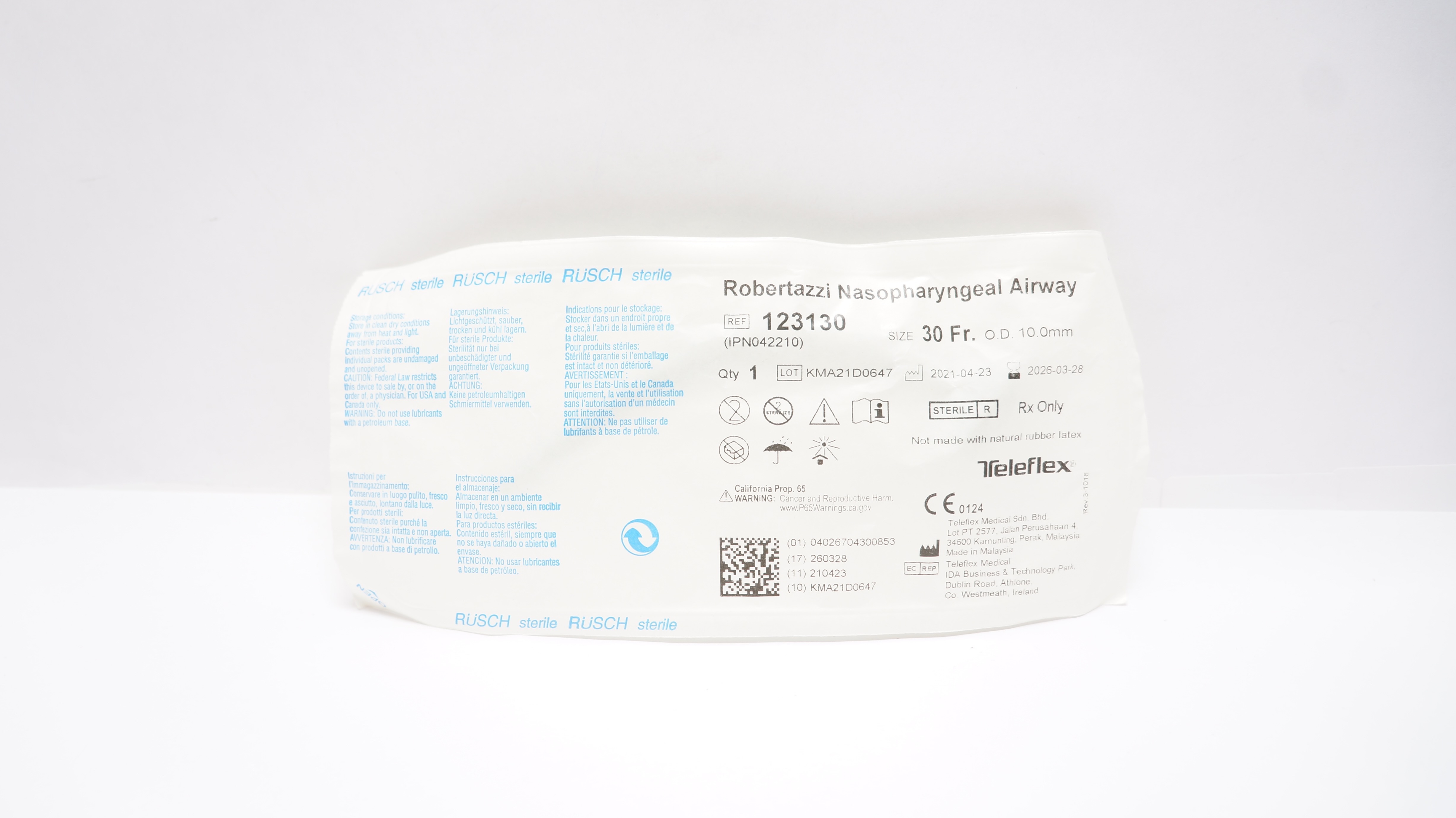 Teleflex 123130 Rusch Robertazzi Nasopharyngeal Airway 30Fr x 10.0mm OD