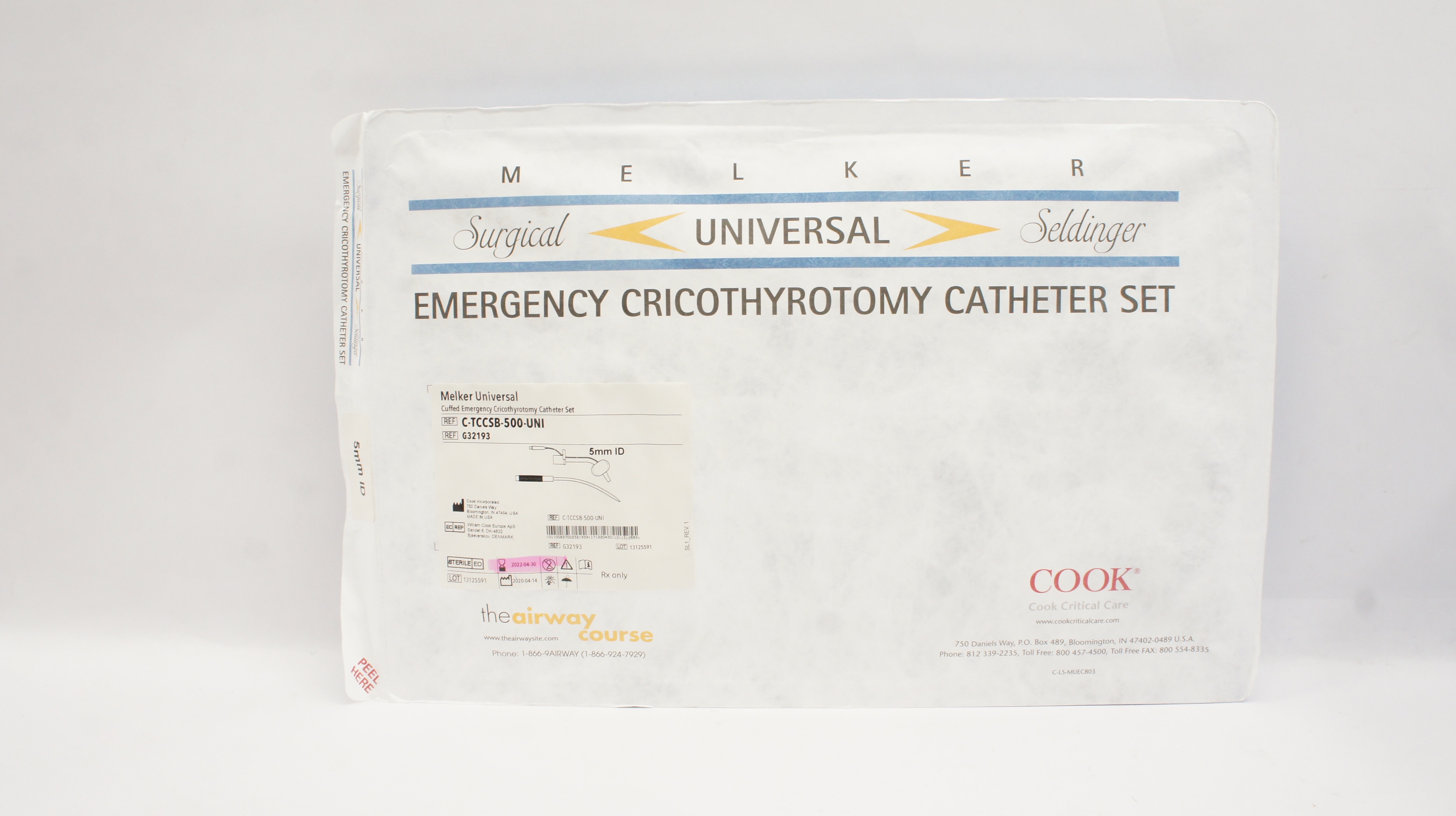 Cook G32193 Melker Universal Cuffed Emergency Cricothyrotomy Cath. Set 5mm ID(x)
