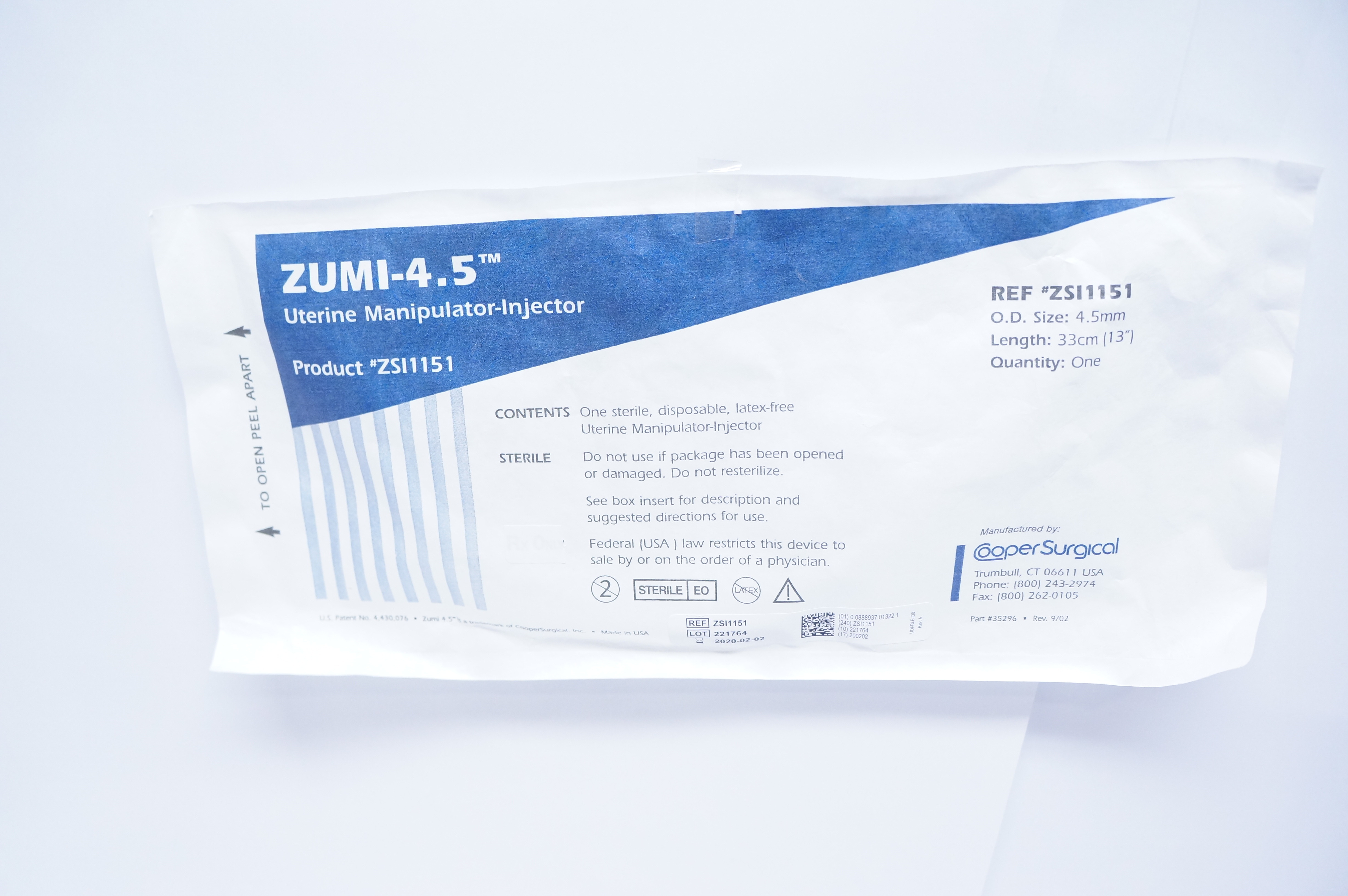 Cooper Surgical ZSI1151 ZUMI-4.5 Uterine Manipulator-Injector 4.5mm x 13inch (x)