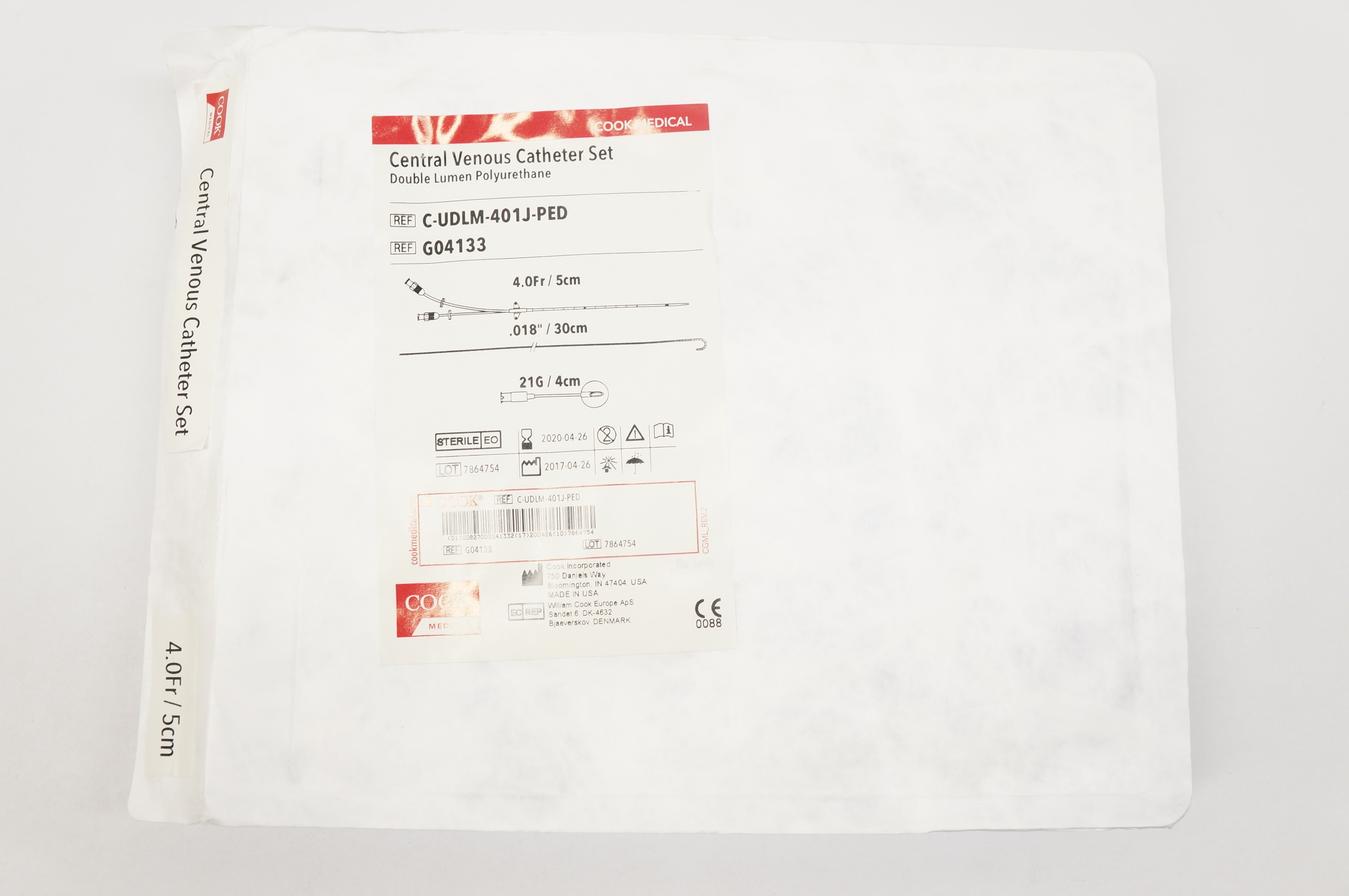 Cook Medical  G04133 Central Venous Cath. Set 4.0Fr x 0.18inch x 21G (x)