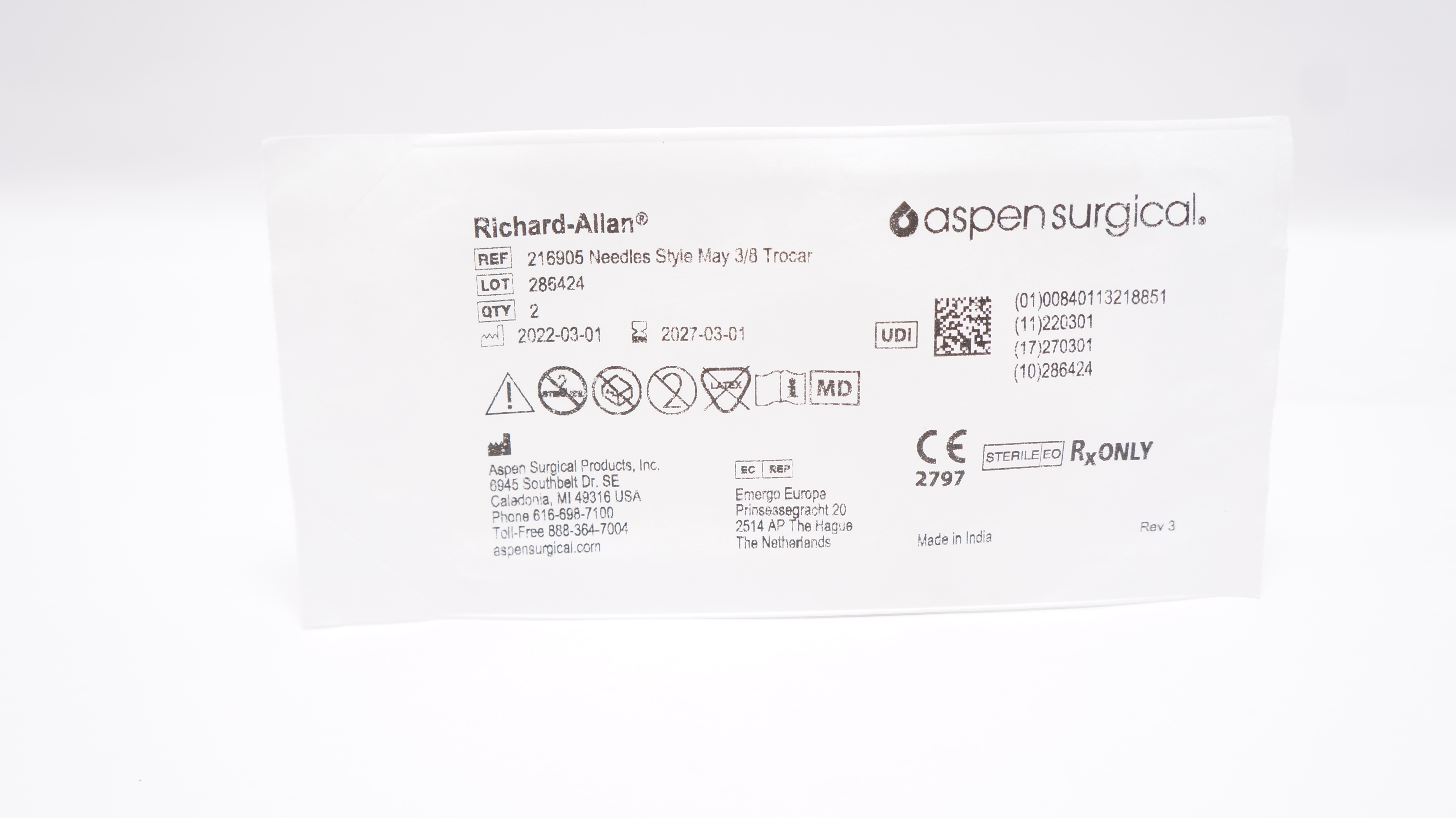 Aspen Surgical 216905 Richard Allan Ndleles 3/8 Trocar, Style May