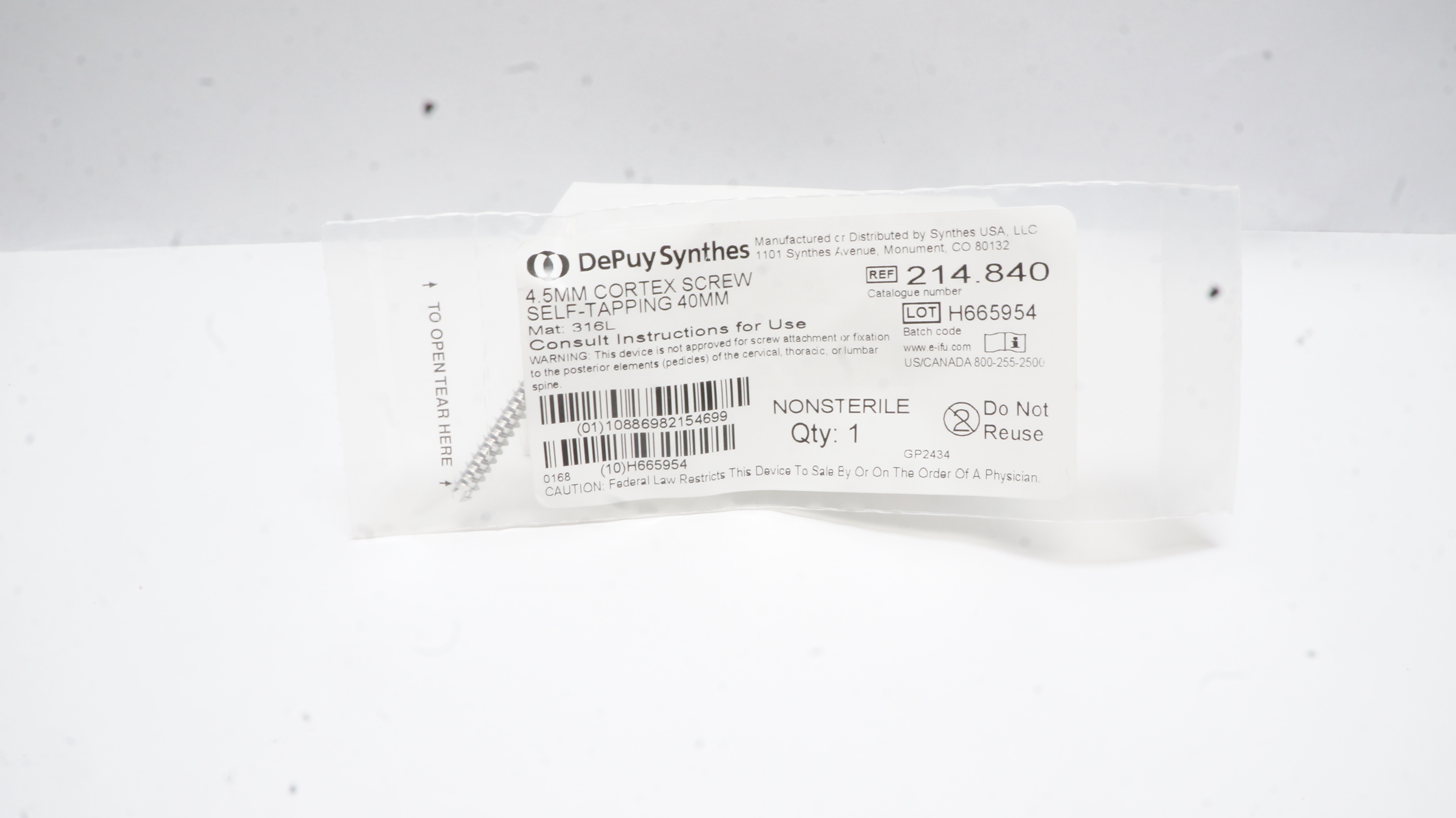 Synthes 214.840 DePuy 4.5mm Cortex Screw Self-Tapping 40mm
