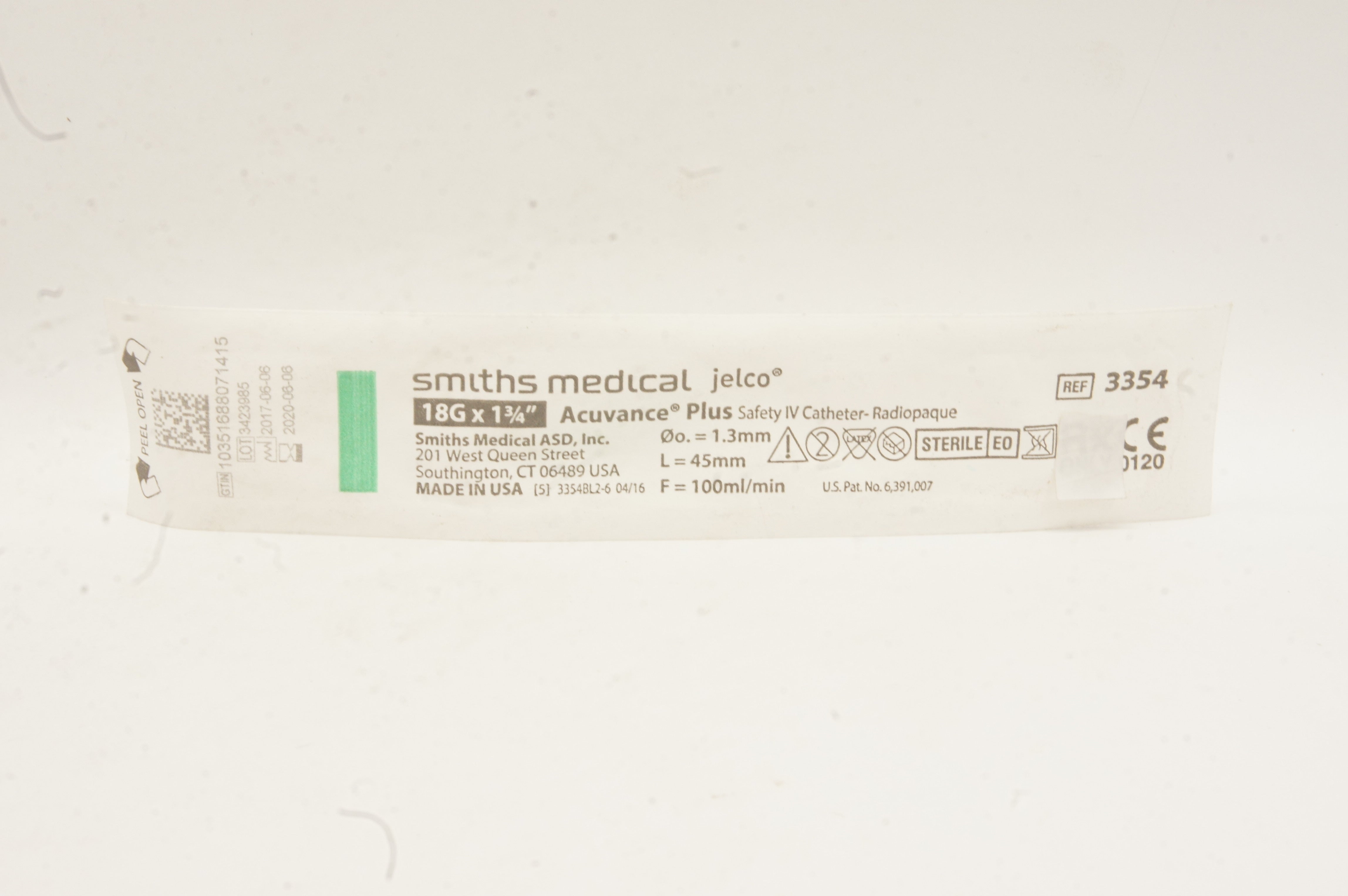 Smiths Medical 3354 Jelco Acuvance Plus Safety IV Cath. 18G x 1 3/4inch (x)