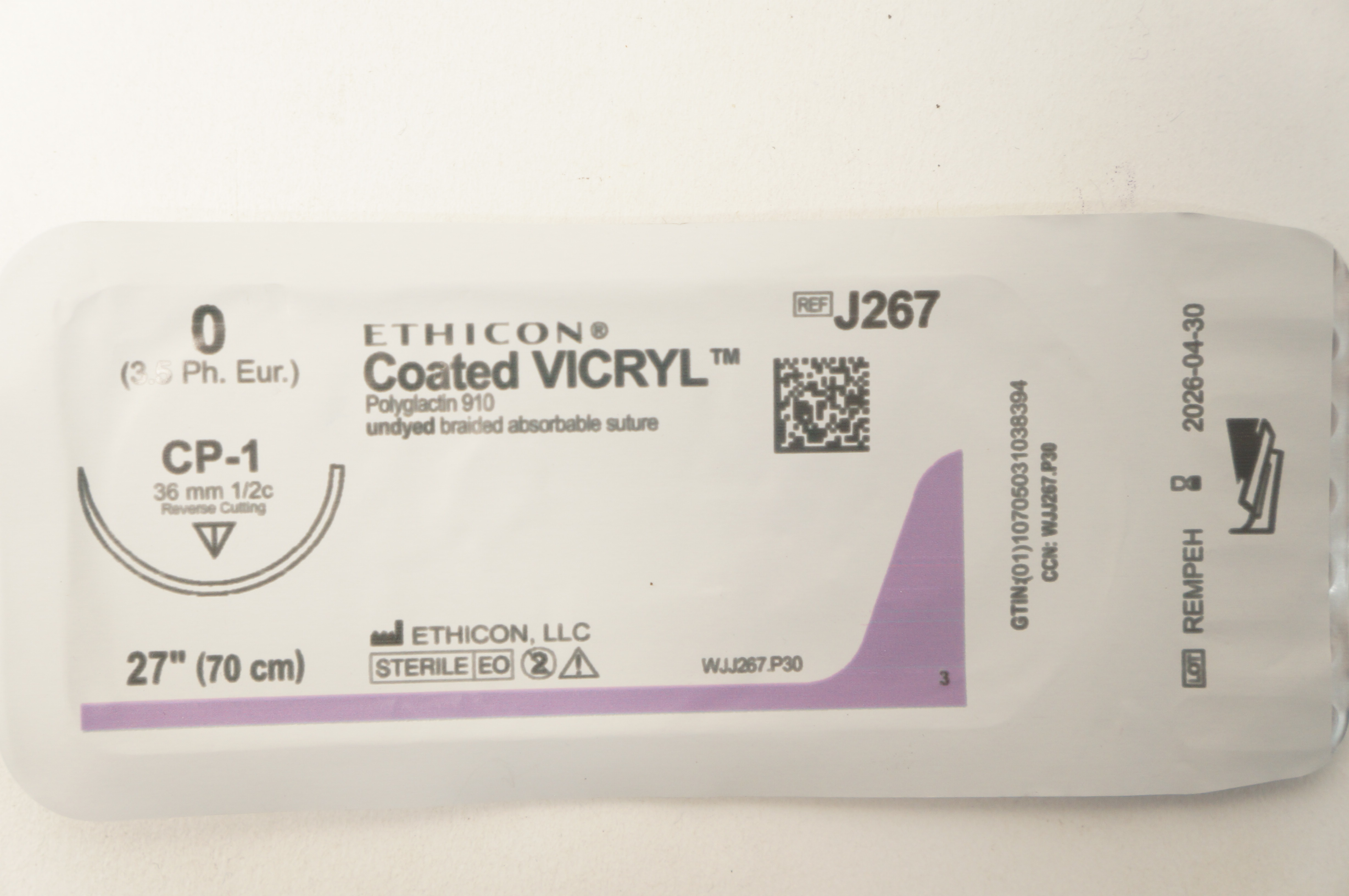 Ethicon J267 0 Coated VICRYL Stre CP-1 36mm 1/2c Reverse Cutting 27inch