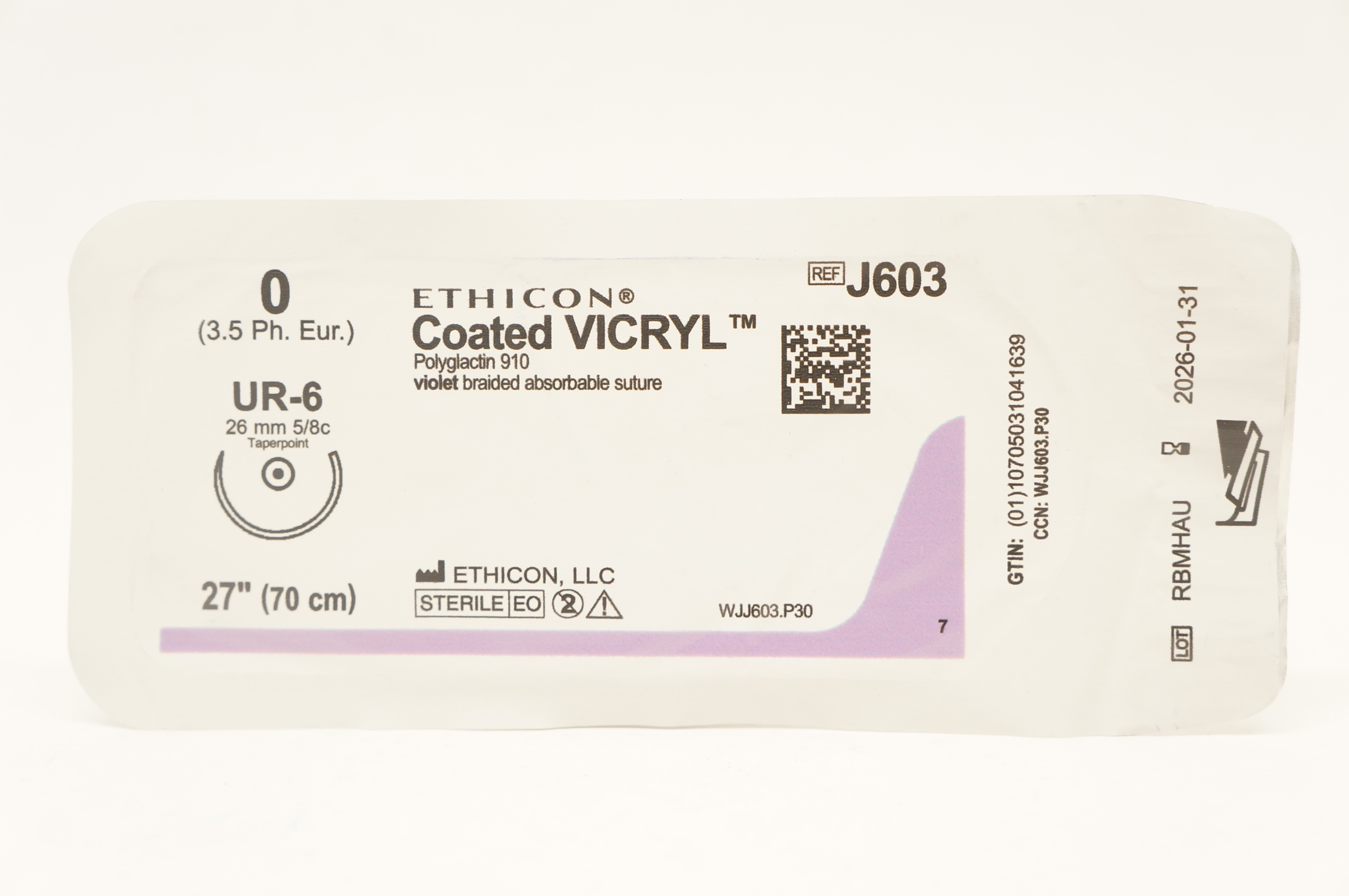 Ethicon J603 0 Coated VICRYL Polyglactin Stre, UR-6 26mm 5/8c Taperpoint, 27inch