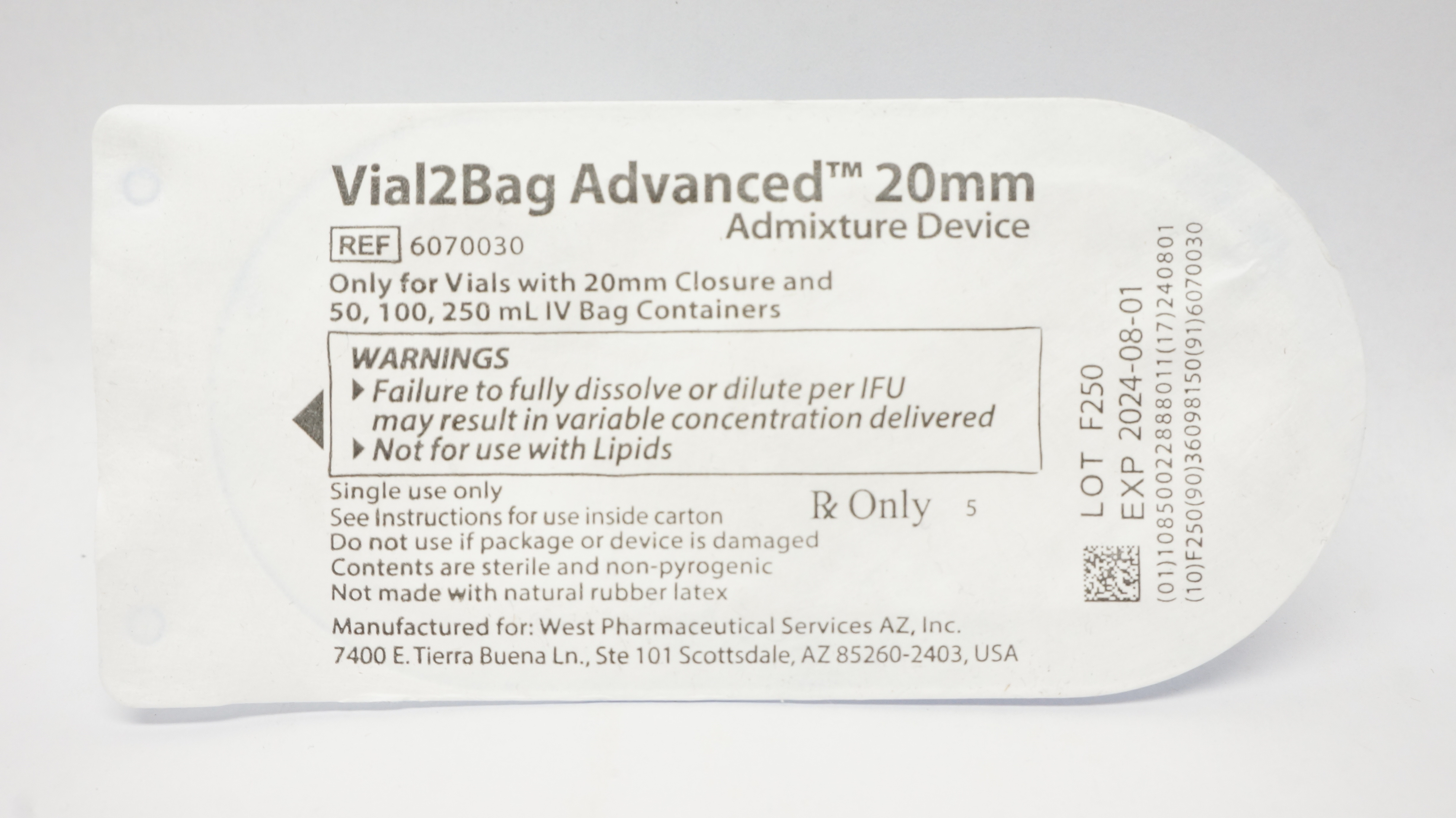 West Pharmaceutical 6070030 Vial2Bag Advanced Admixture Device 20mm