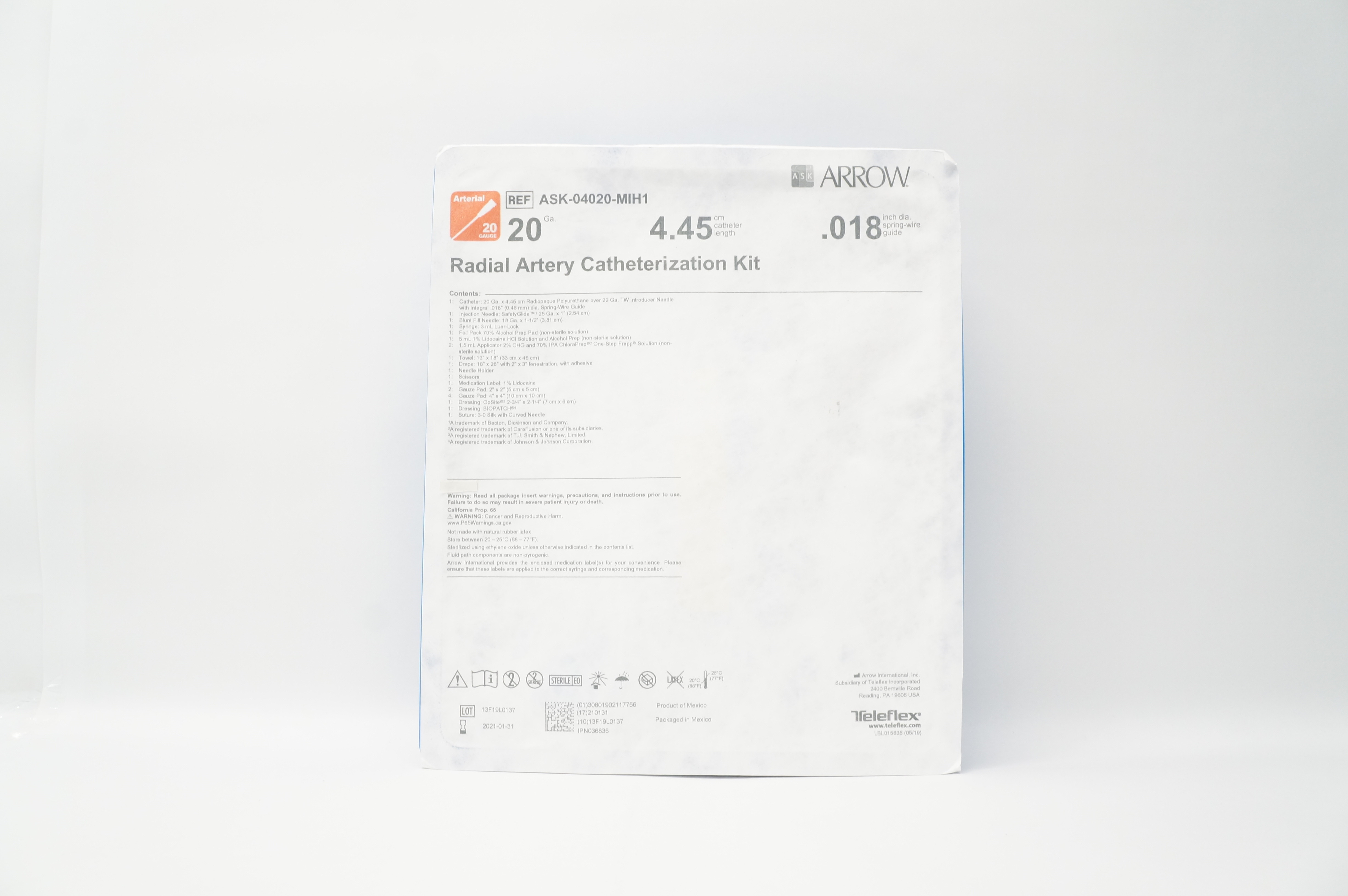 Arrow ASK-04020-MIH1 Radial Artery Catheterization Kit 20Ga x4.45cm x .018in.(x)