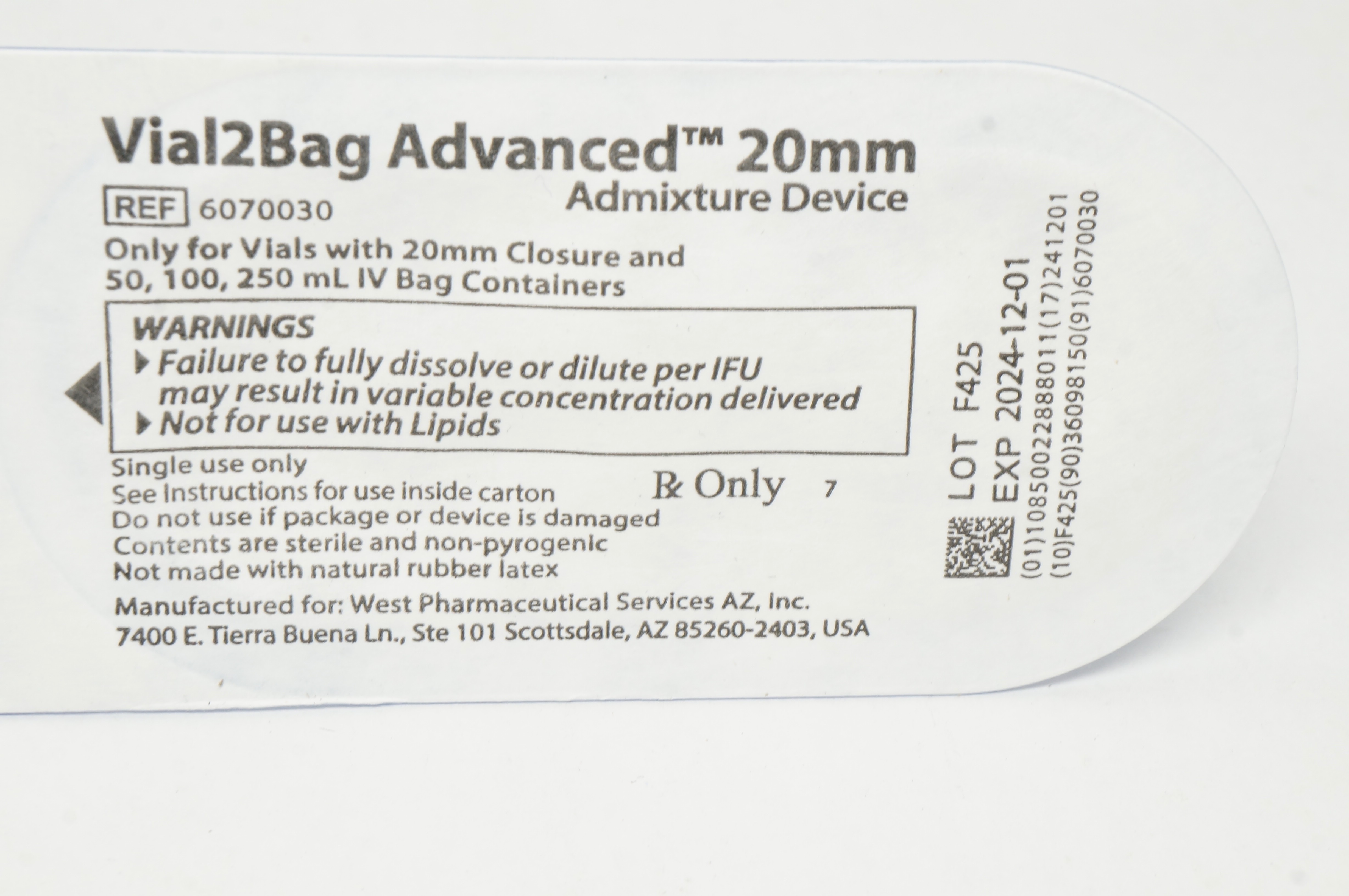 West Pharmaceutical 6070030 Vial2Bag Advanced Admixture Device 20mm