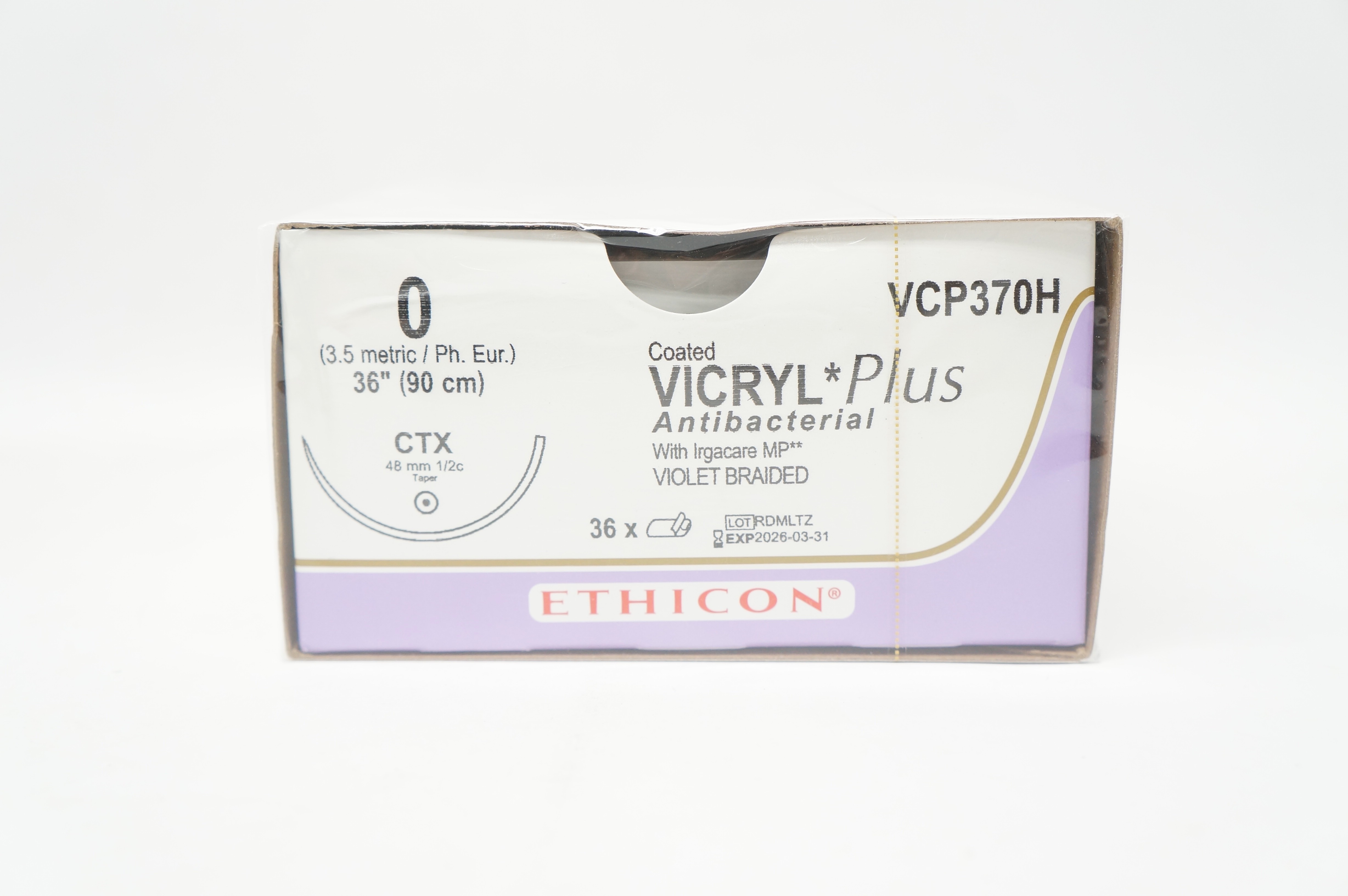 Ethicon VCP370H 0 Vicryl Plus Stre CTX 48mm 1/2c Taper, 36inch - Box of 36