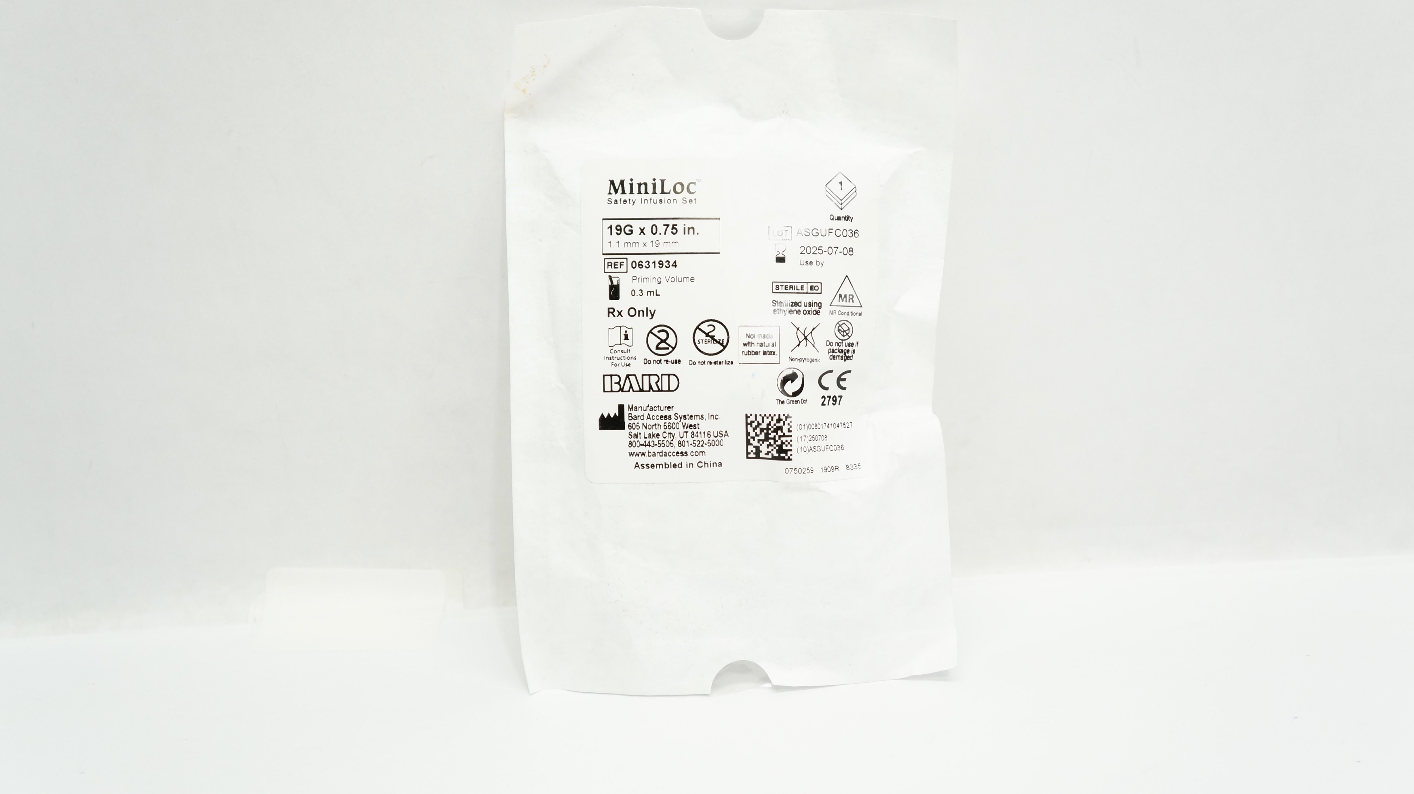 Bard 0631934 Miniloc Safety Infusion Set 19G x 0.75inch, Priming Volume 0.3mL