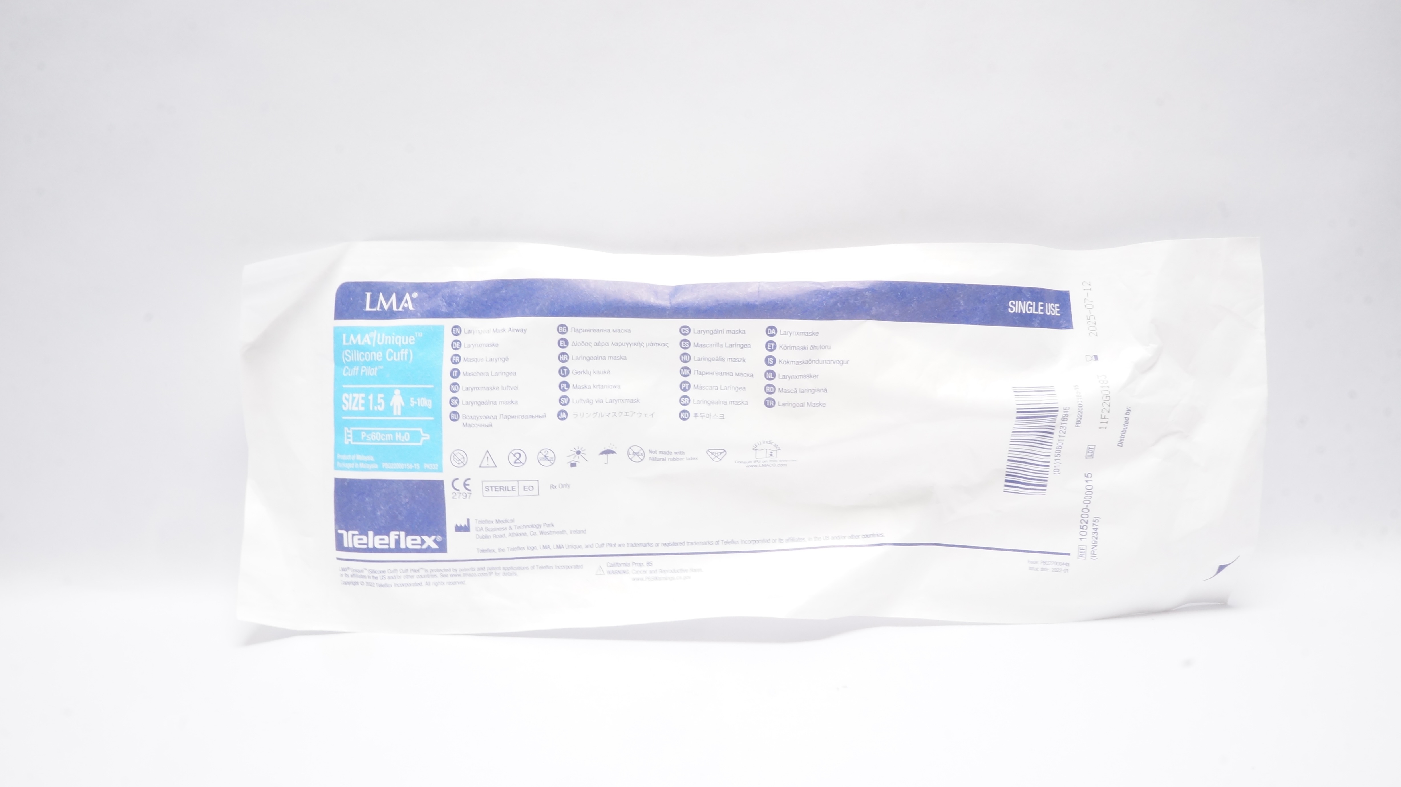 Teleflex 105200-000015 LMA Laryngeal Mask Airway Size 1.5 5-10kg P≤60cm H2O
