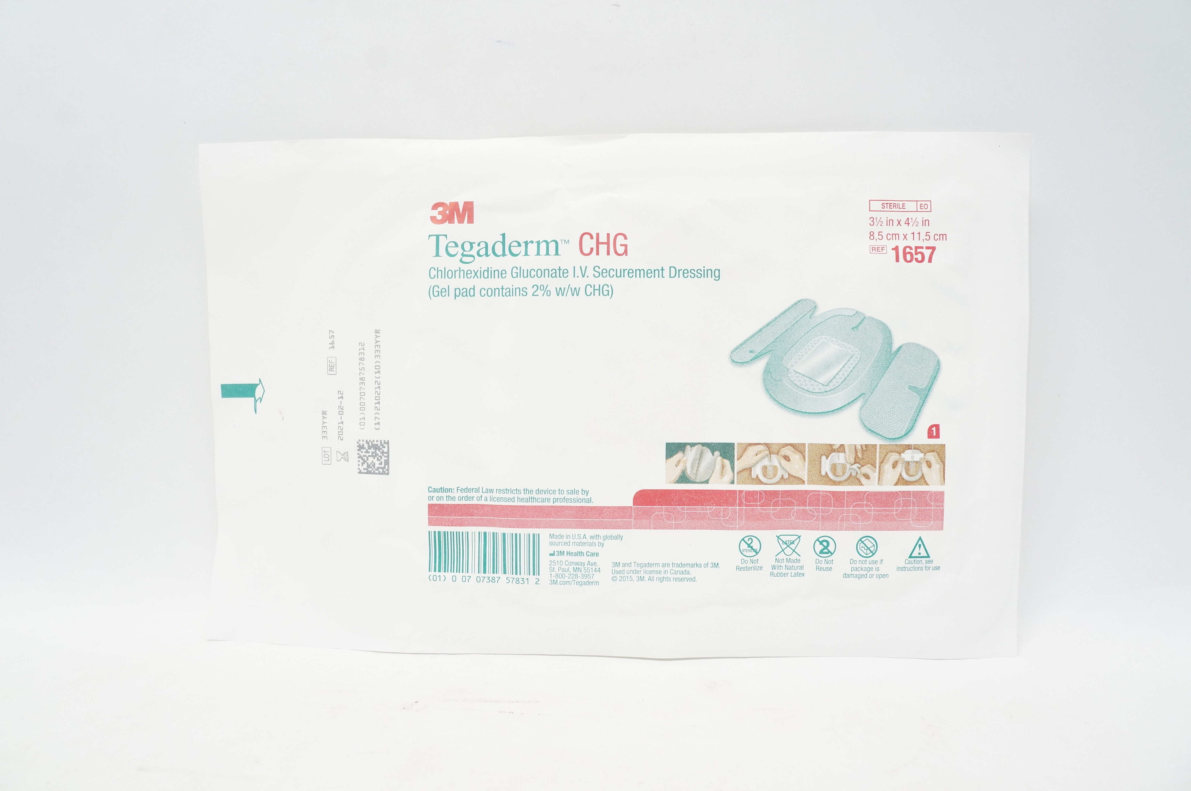 3M 1657 Chlorhexidine Gluconate I.V. Securement Dressing 3-1/2in. x 4-1/2in. (x)