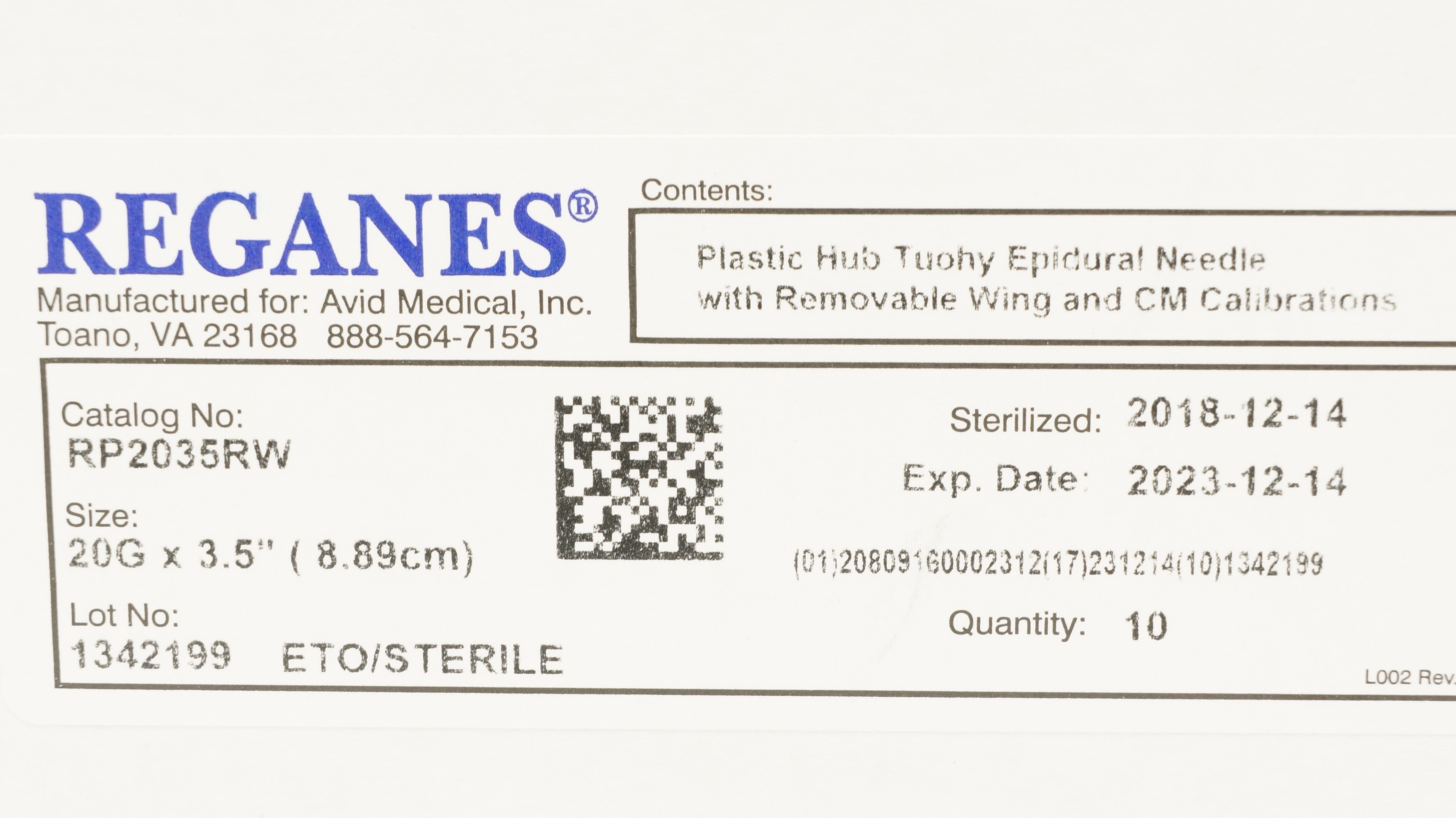 Reganes RP2035RW Plastic Hub Tuohy Epidural Ndle 20G x 3.5inch (x) - Box of 7