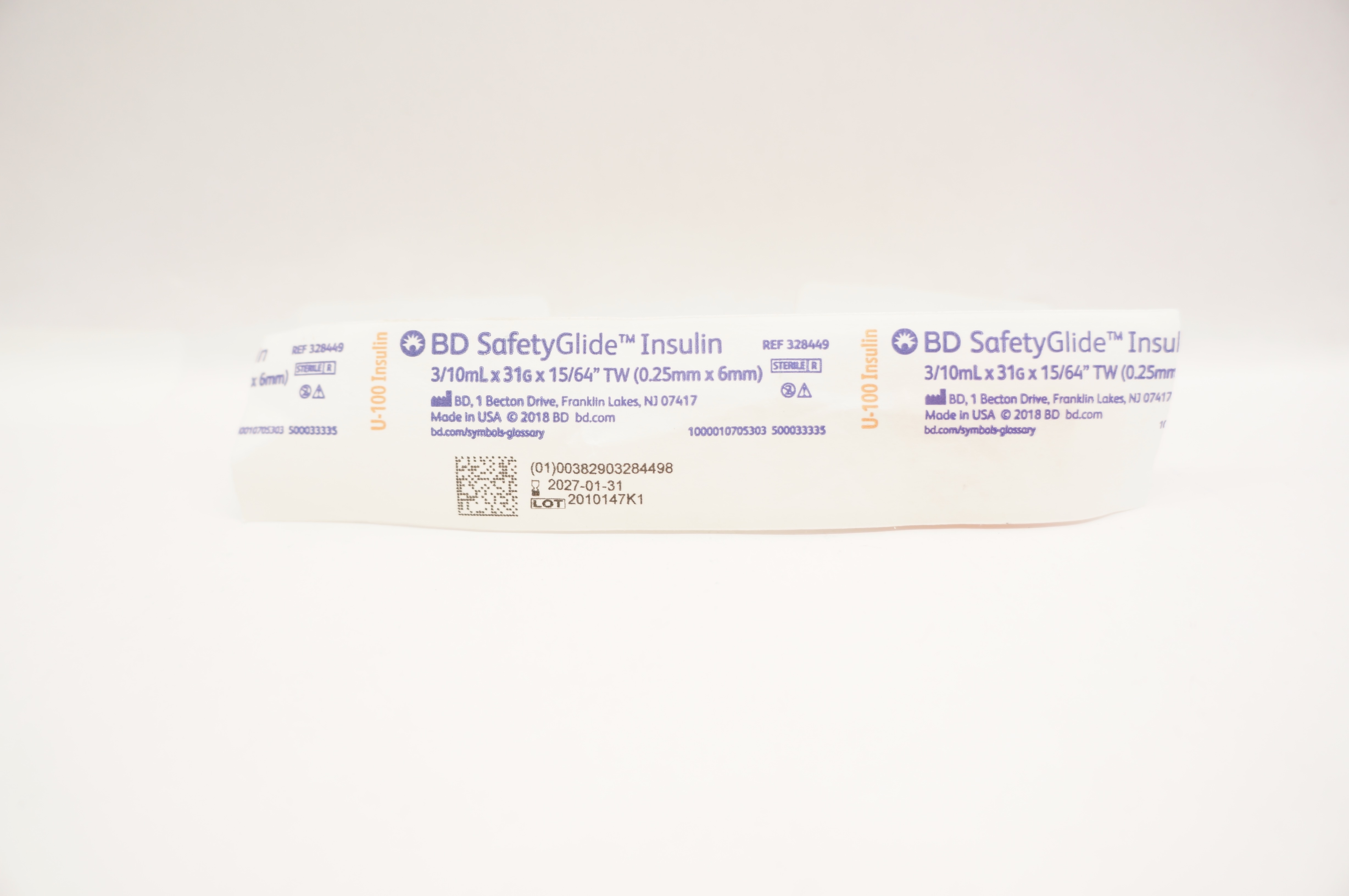 BD 328449 SafetyGlide Insulin Syringe 3/10ml x 31G x 15/64in TW
