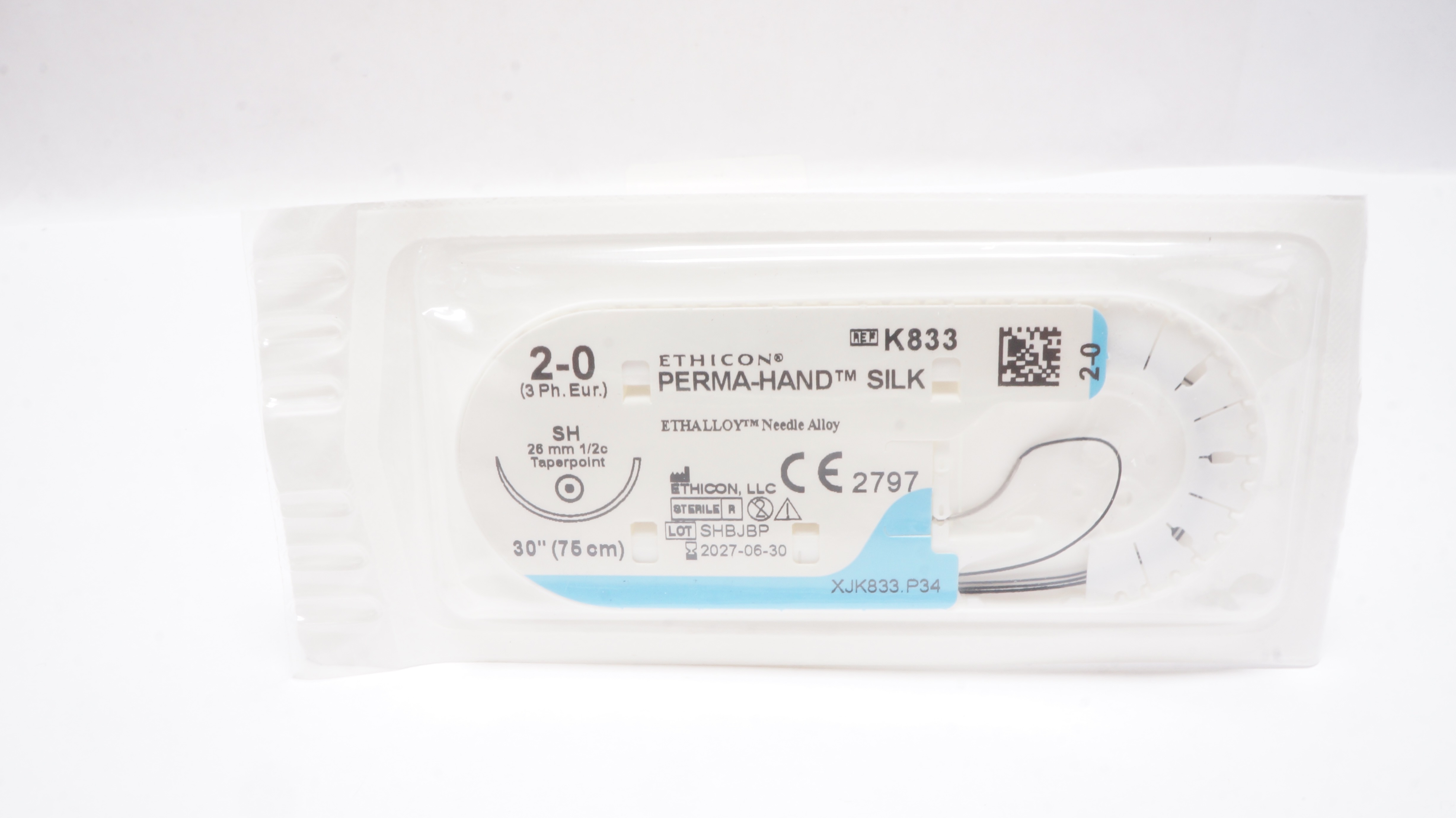 Ethicon K833 2-0 PERMA-HAND SILK Stre SH 26mm 1/2c Taperpoint, 30inch