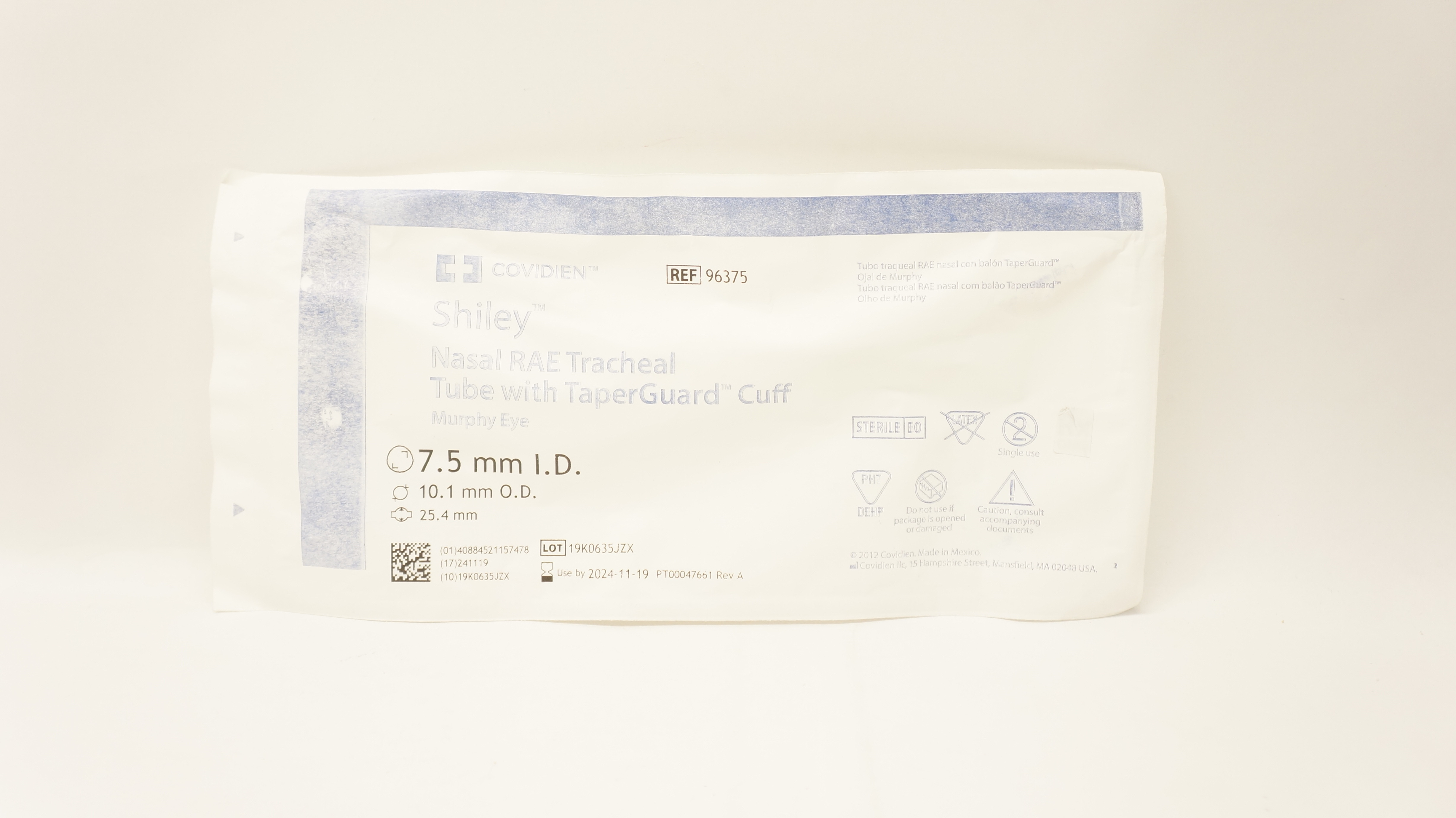 Covidien 96375 Shiley Nasal RAE Tracheal Tube with TaperGuard Cuff 7.5mm I.D.