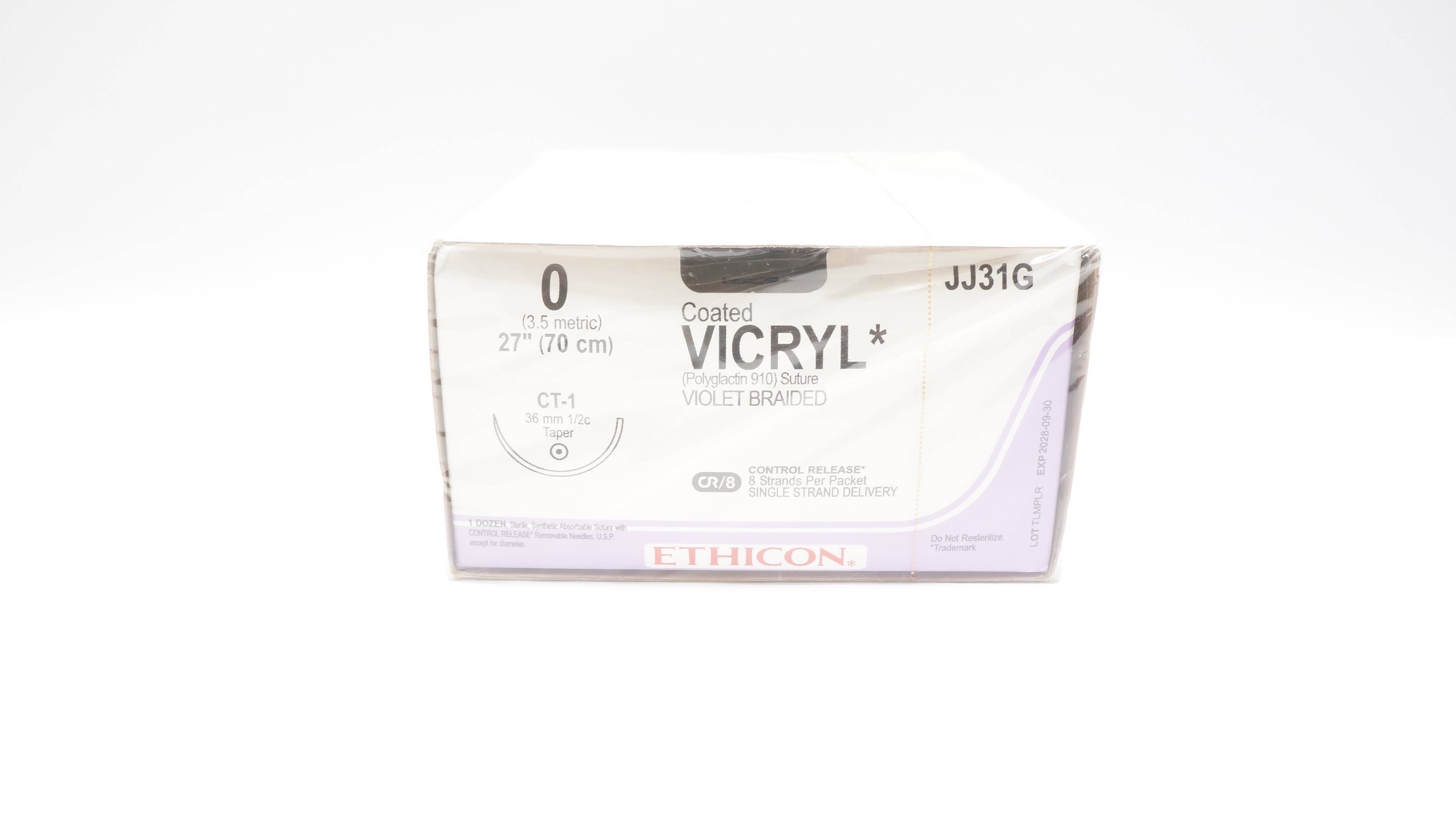 Ethicon JJ31G 0 Vicryl Polyglactin Stre Ct-1 36mm 1/2c Taper, 27inch - Box of 12