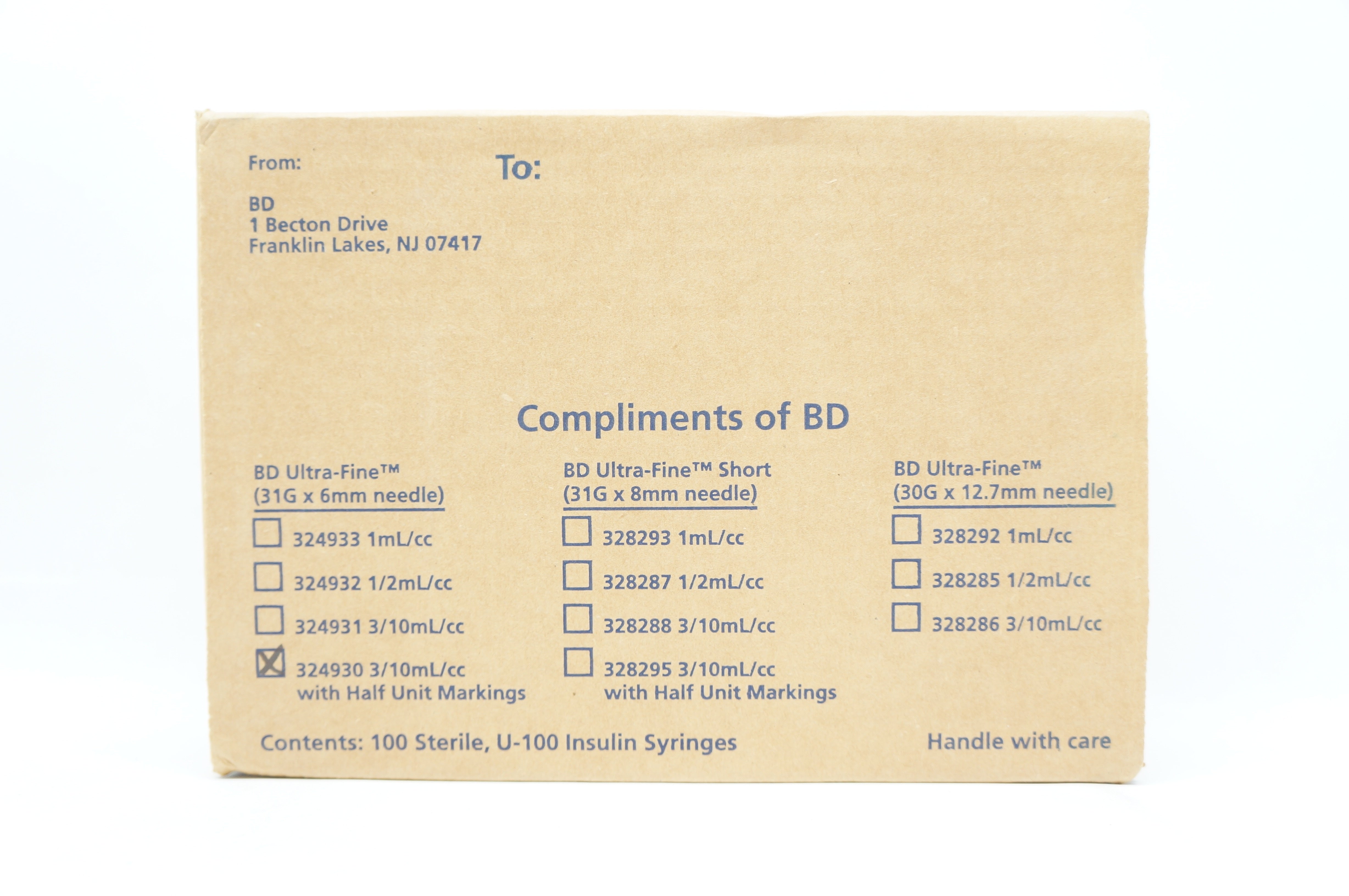 BD 324930 Ultra-Fine 3/10 ml/cc w/ Half Unit Markings Pak of 100