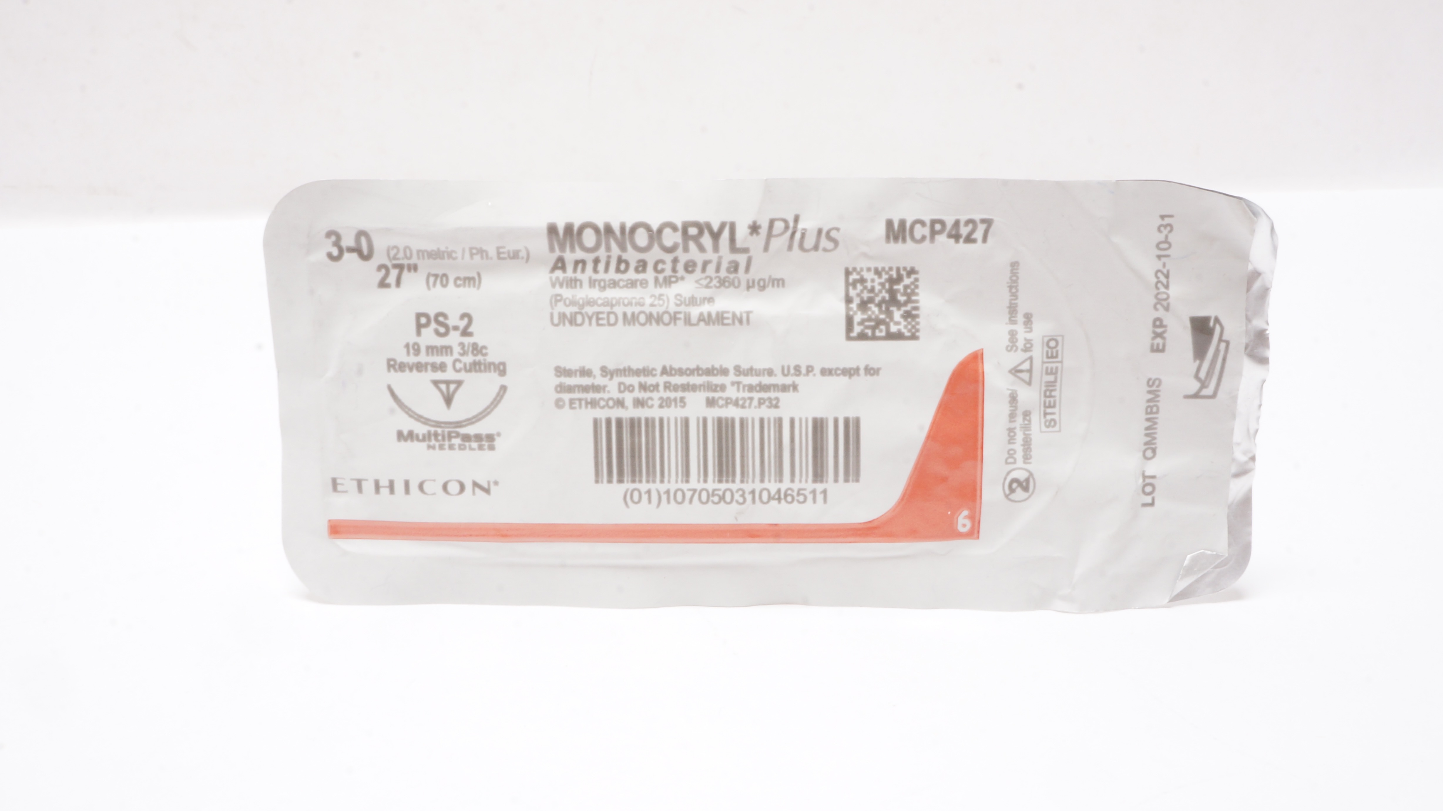 Ethicon MCP427 3-0 Monocryl Plus PS-2 19mm 3/8c Reverse Cutting 27inch (x)
