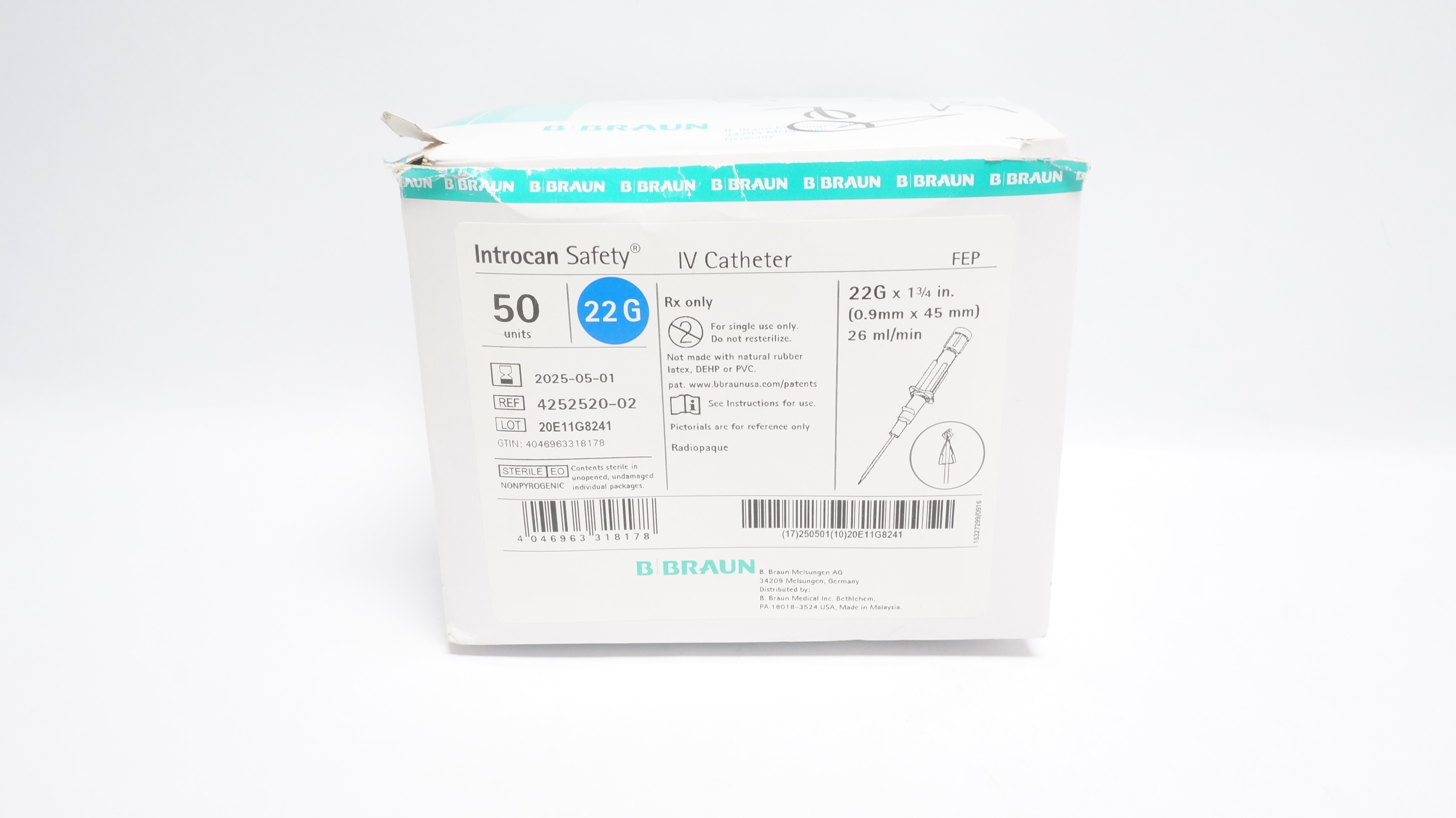 Braun 4252520-02 Introcan Safety IV Cath. 22G x 1-3/4inch 26ml/min (x)-Box of 50