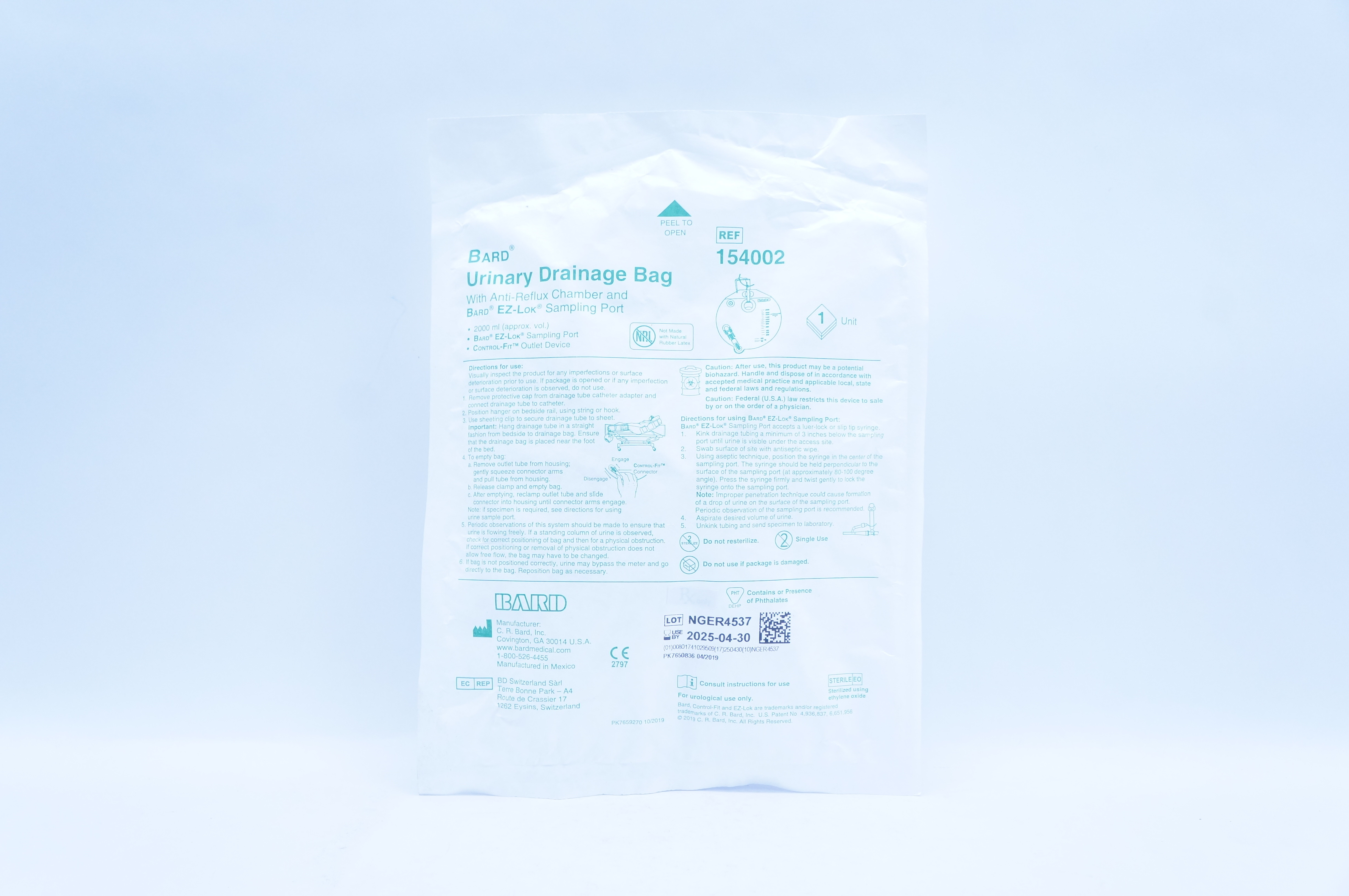 Bard 154002 Urinary Drainage Bag with Anti-Reflux Chamber & Sampling Port 2000ml