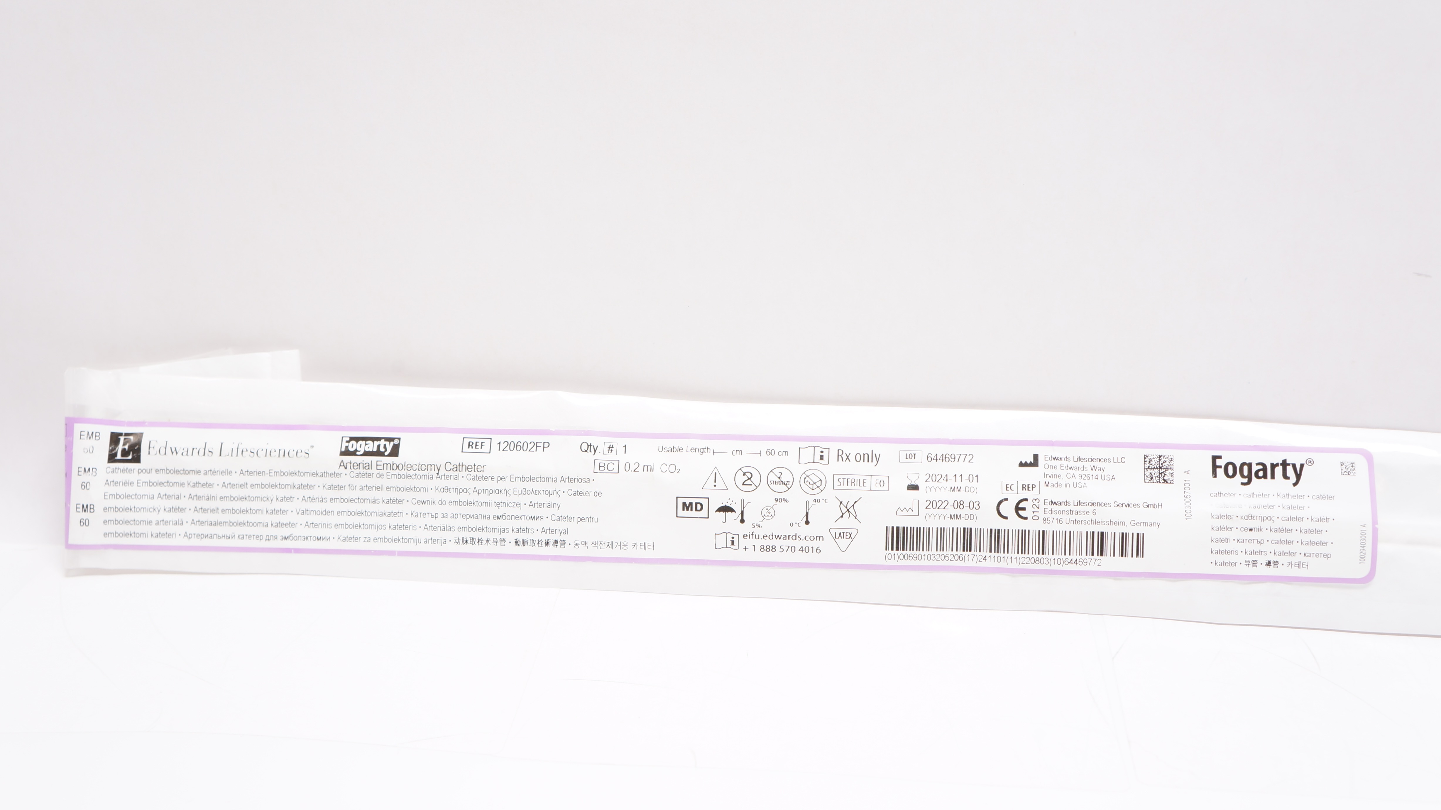 Edwards Lifesciences 120602FP Fogarty Arterial Embolectomy Cath. 2F x 60cm