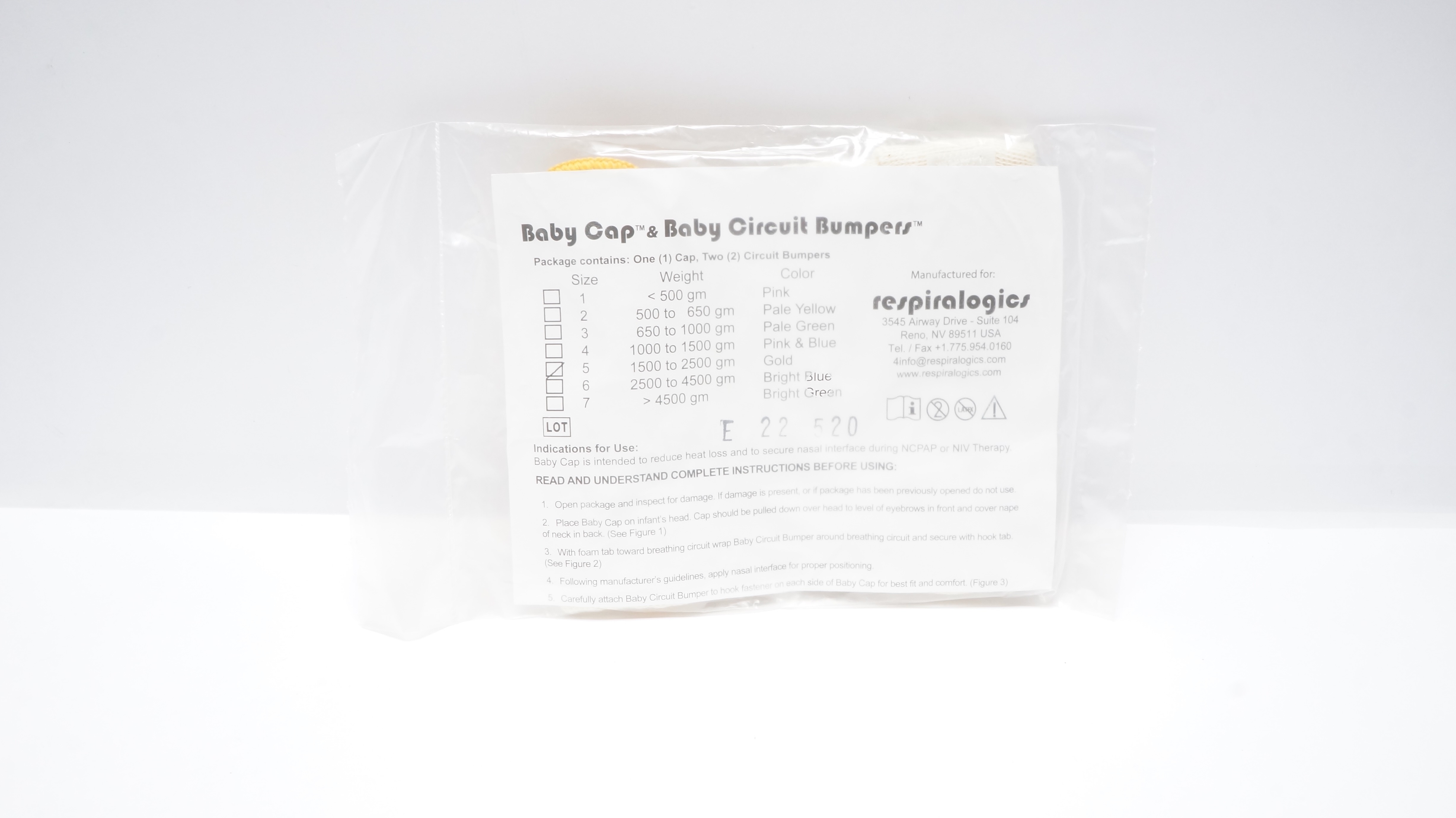 Respiralogics Baby Cap & Baby Circuit Bumpess, Size 5 1500-2500gm, Gold